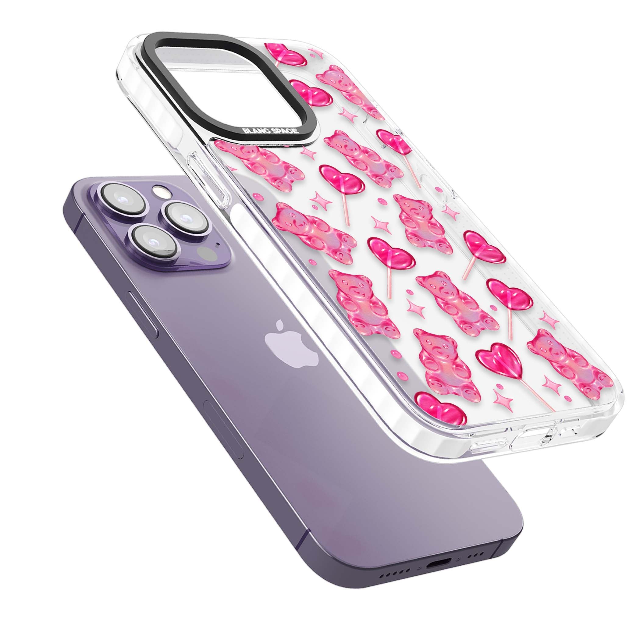 Pink Sugar pinkcore iPhone case featuring pink gummy bears, heart-shaped lollipops and sparkle stars | Clear Impact case for iPhone 13 Pro, iPhone 14 Pro, iPhone 15 Pro