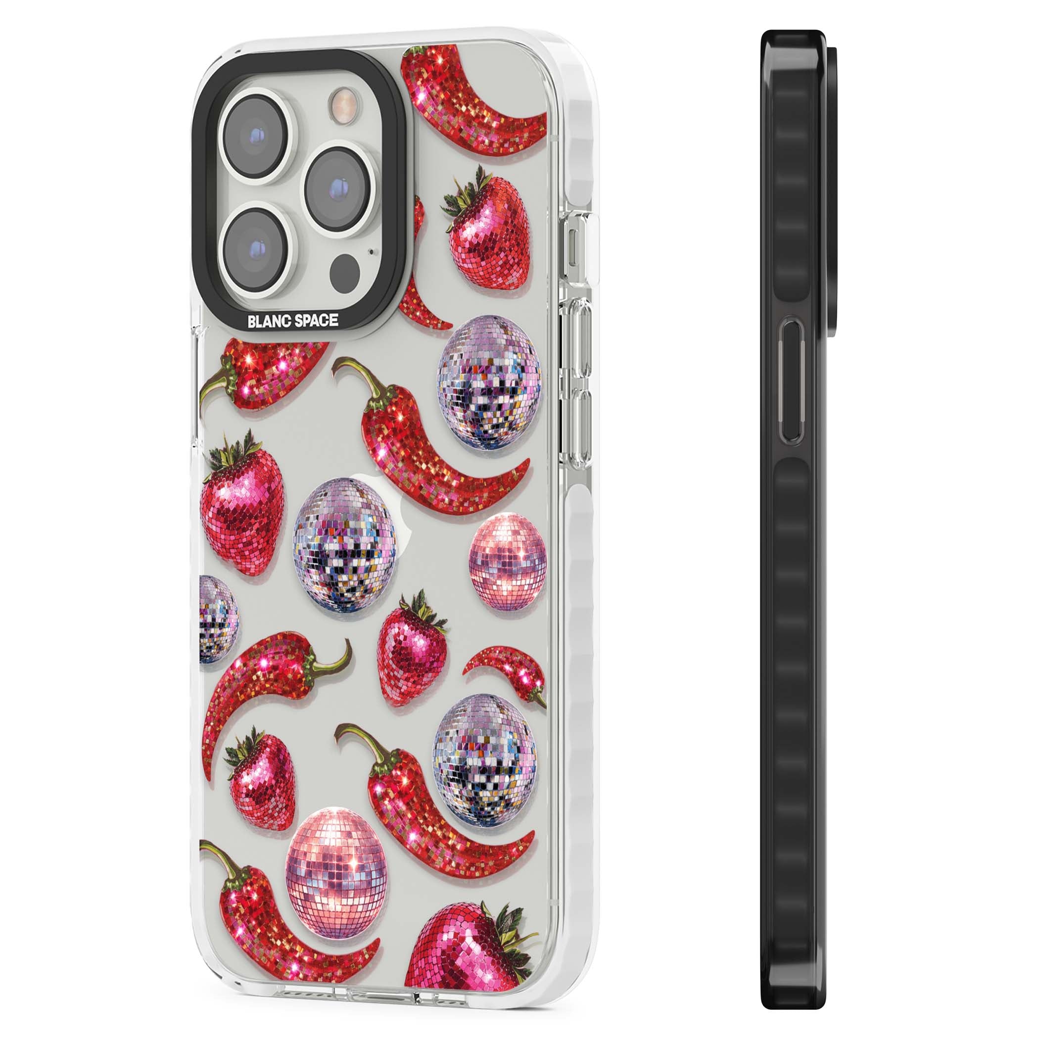 Spicy Disco Y2K iPhone case featuring glitter disco balls, sparkly strawberries and red chilli peppers | Clear Impact case for iPhone 13 Pro, iPhone 14 Pro, iPhone 15 Pro