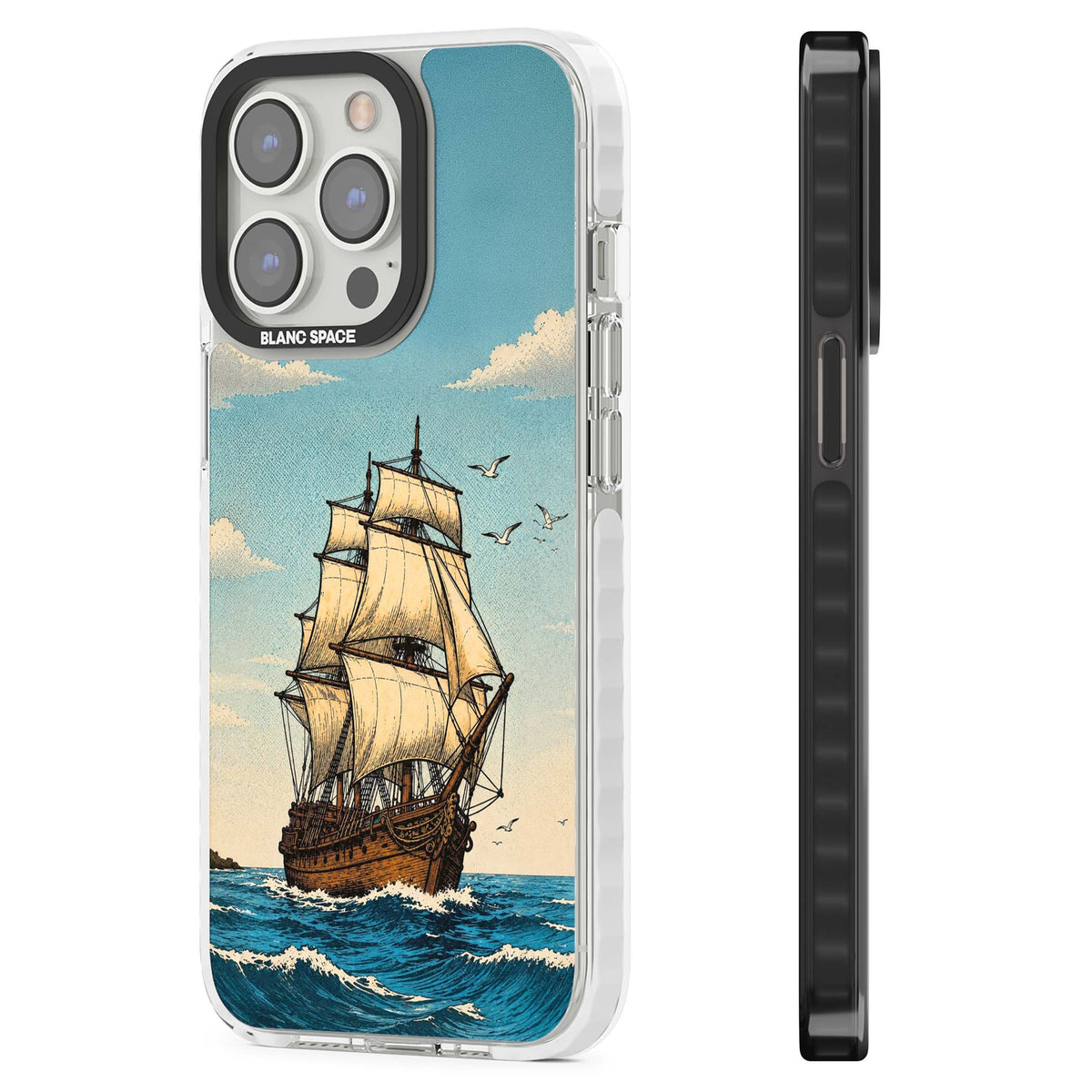 Ship at Sea nautical iPhone case featuring a vintage tall ship, ocean waves and seagulls | Clear Impact case for iPhone 13 Pro, iPhone 14 Pro, iPhone 15 Pro