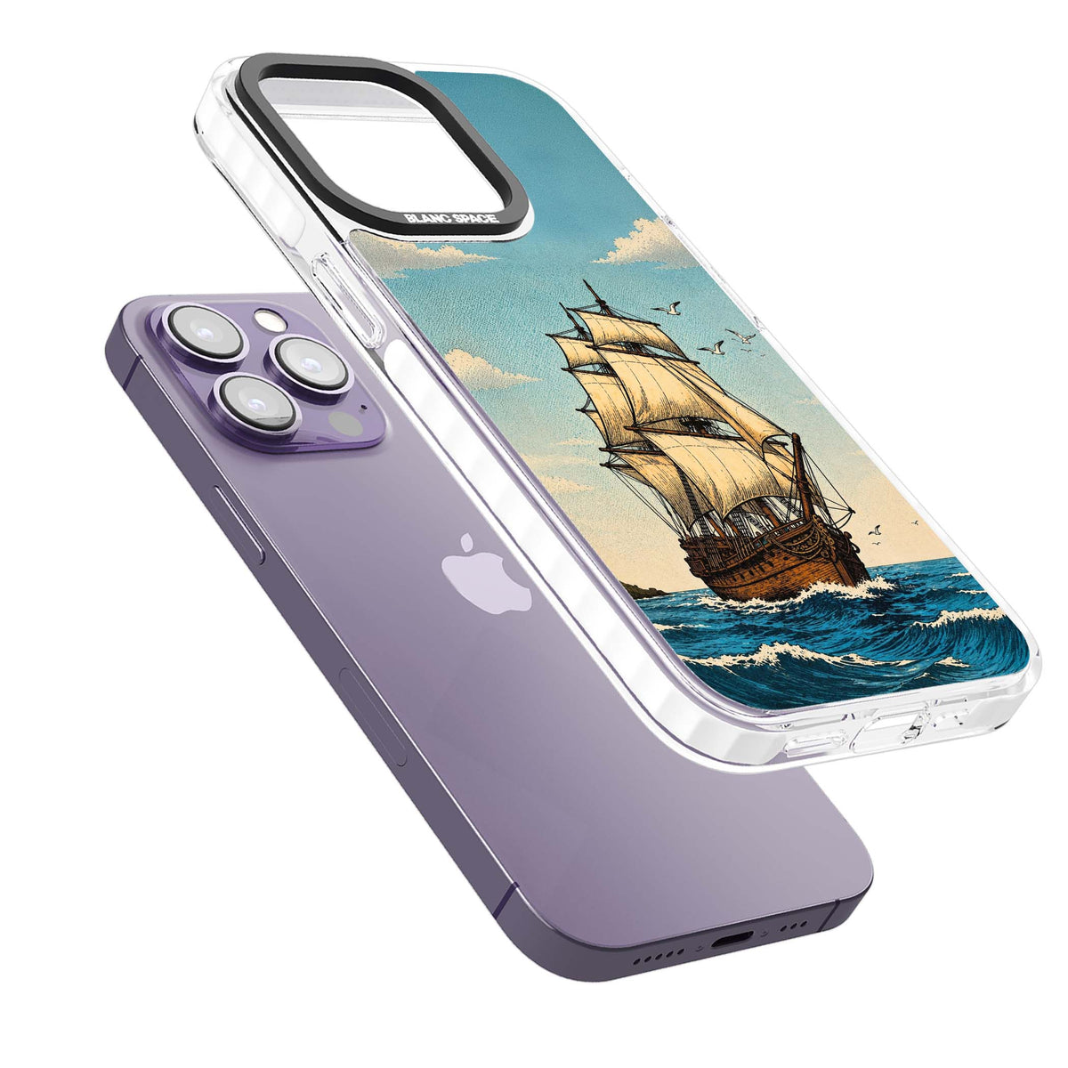 Ship at Sea nautical iPhone case featuring a vintage tall ship, ocean waves and seagulls | Clear Impact case for iPhone 13 Pro, iPhone 14 Pro, iPhone 15 Pro