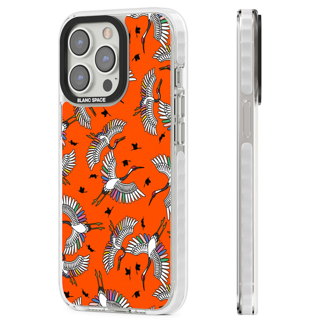 Colourful Crane Pattern (Orange) Clear Impact Phone Case for iPhone 13 Pro, iPhone 14 Pro, iPhone 15 Pro