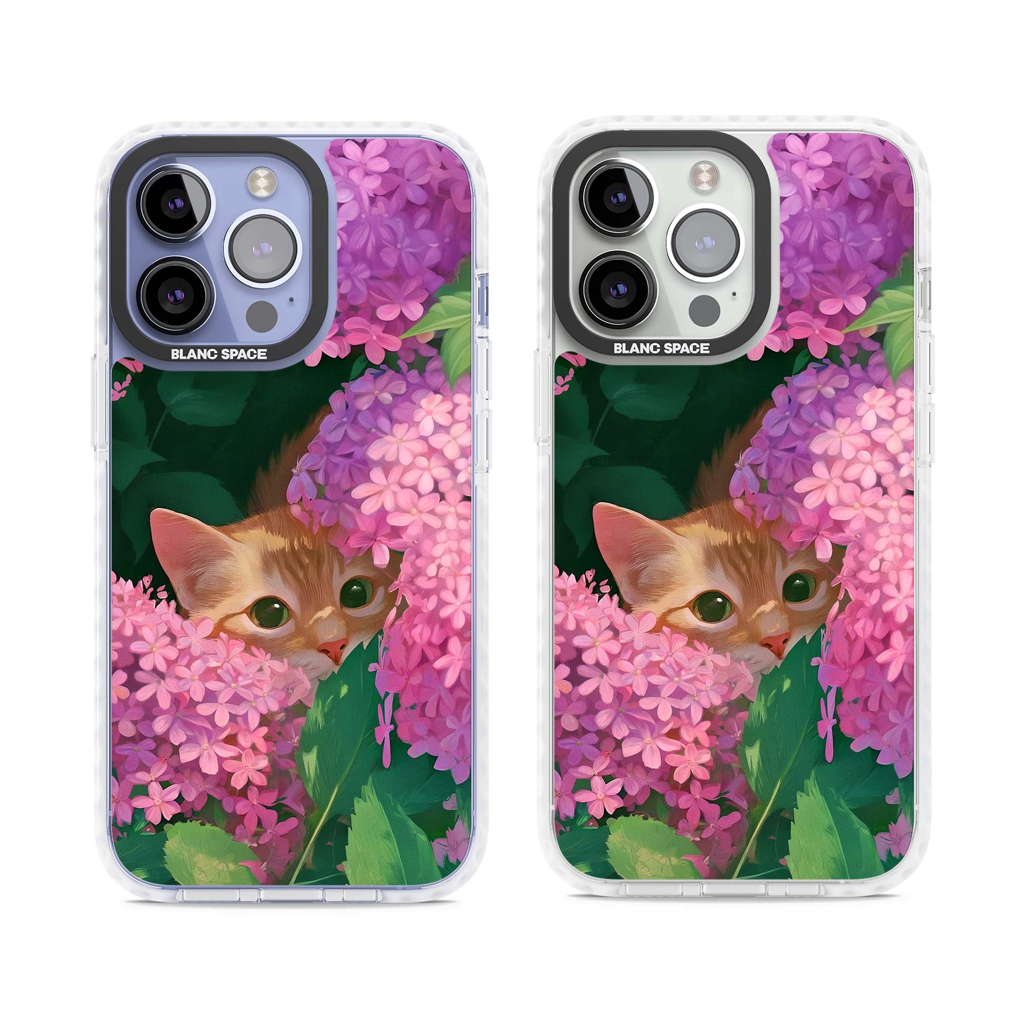 Cat In Pink Flowers cottagecore iPhone case featuring a ginger kitten peeking through lilac and pink hydrangea flo | Clear Impact case for iPhone 13 Pro, iPhone 14 Pro, iPhone 15 Pro