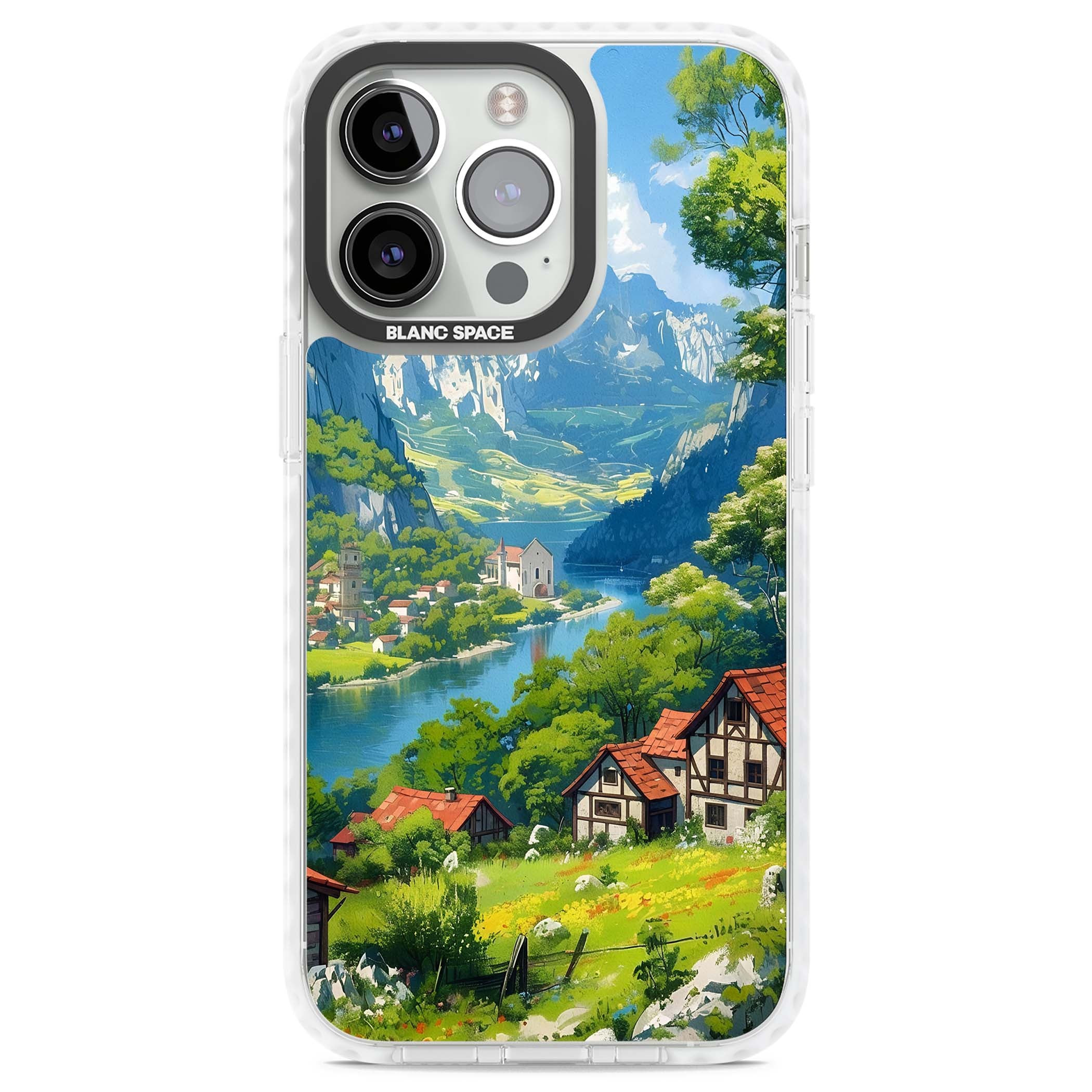 Village In The Valley anime iPhone case featuring a painted mountain village, river valley and half-timbered cottages. | Clear Impact case for iPhone 13 Pro, iPhone 14 Pro, iPhone 15 Pro
