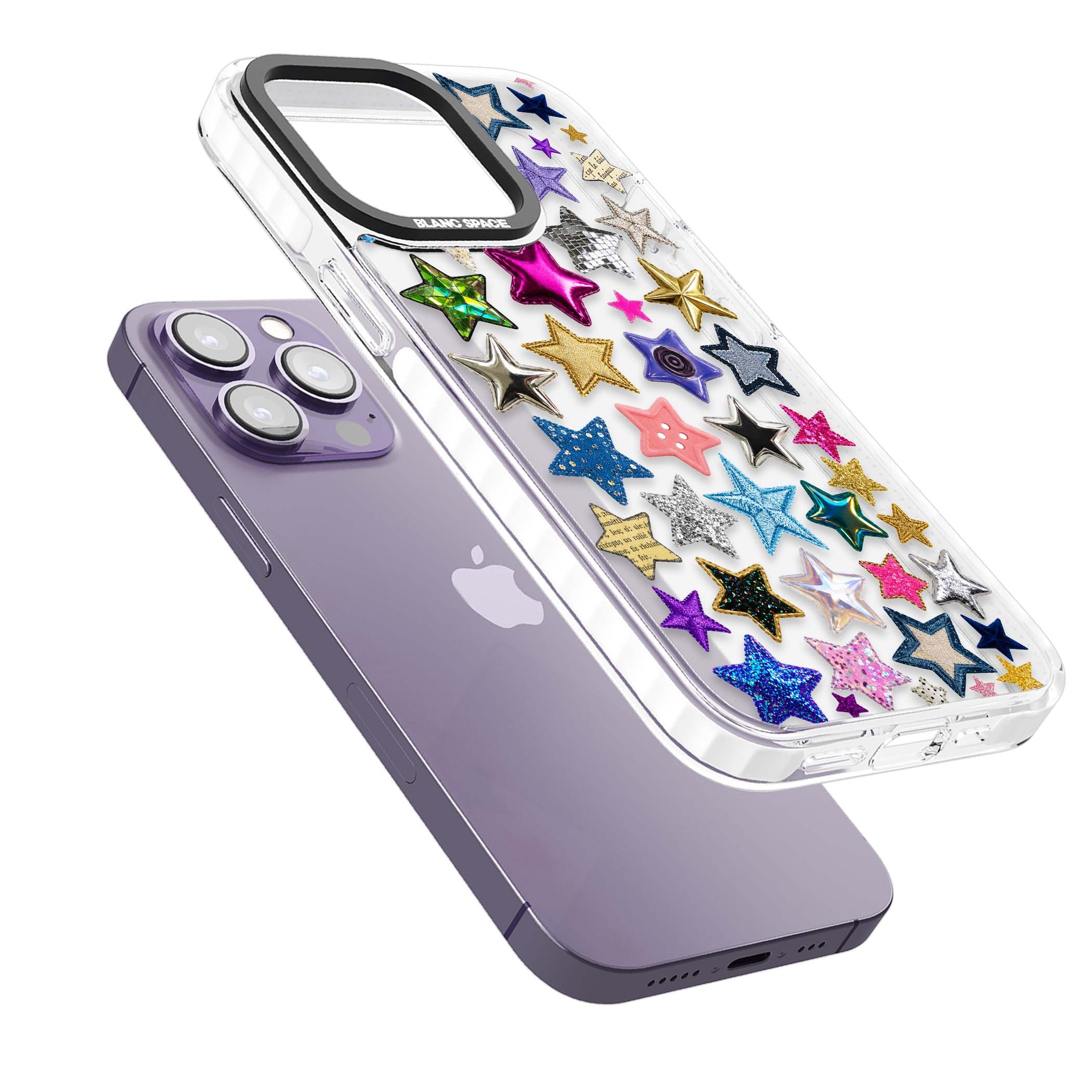 Crafty Star Mix Y2K iPhone case featuring embroidered, sequinned and glitter star patches in rainbow colours | Clear Impact case for iPhone 13 Pro, iPhone 14 Pro, iPhone 15 Pro