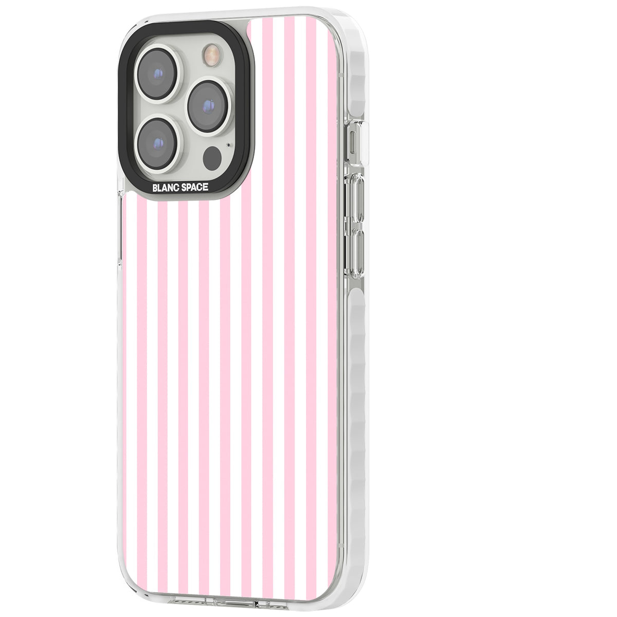 Pink Stripe preppy iPhone case featuring soft pastel pink and white vertical candy stripes iPhone 12 Pro Max / iPhone 13 Pro / iPhone 13 Pro Max / iPhone 14 Pro / iPhone 14 Pro Max / iPhone 15 Pro / iPhone 15 Pro Max Impact Clear Phone Case side