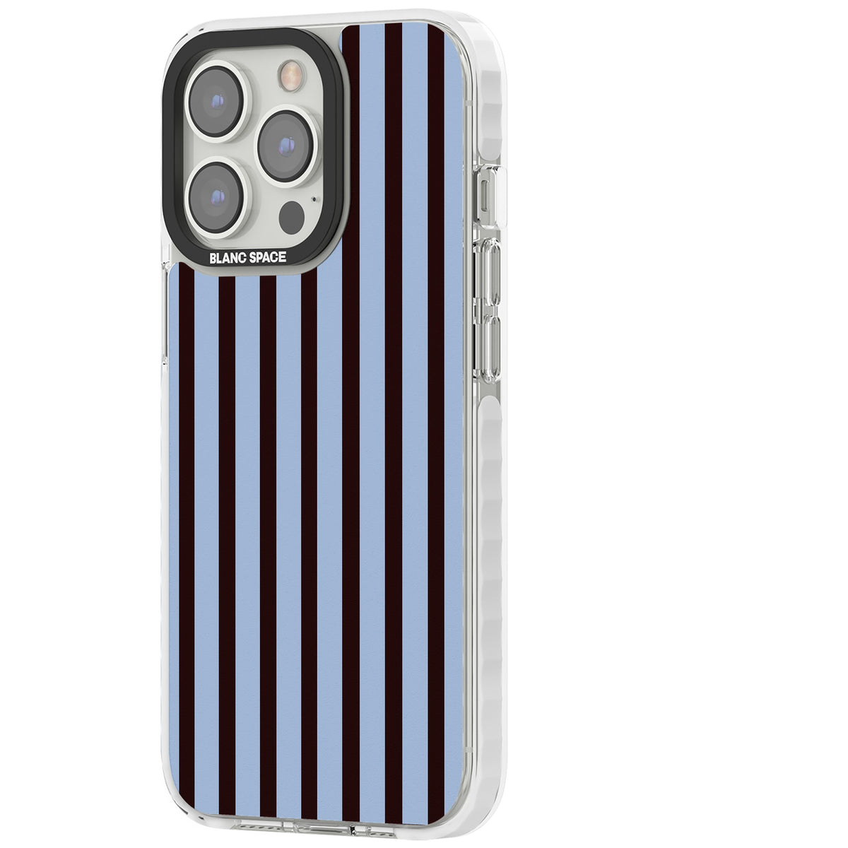 Blackcurrant Stripe preppy iPhone case featuring vertical burgundy and light blue stripes in a classic pinstripe layout iPhone 12 Pro Max / iPhone 13 Pro / iPhone 13 Pro Max / iPhone 14 Pro / iPhone 14 Pro Max / iPhone 15 Pro / iPhone 15 Pro Max Impact Clear Phone Case side