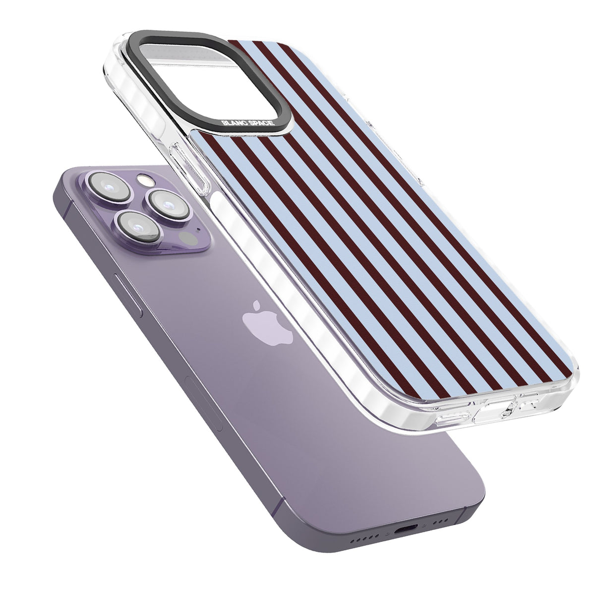Blackcurrant Stripe preppy iPhone case featuring vertical burgundy and light blue stripes in a classic pinstripe layout iPhone 12 Pro Max / iPhone 13 Pro / iPhone 13 Pro Max / iPhone 14 Pro / iPhone 14 Pro Max / iPhone 15 Pro / iPhone 15 Pro Max Impact Clear Phone Case angled