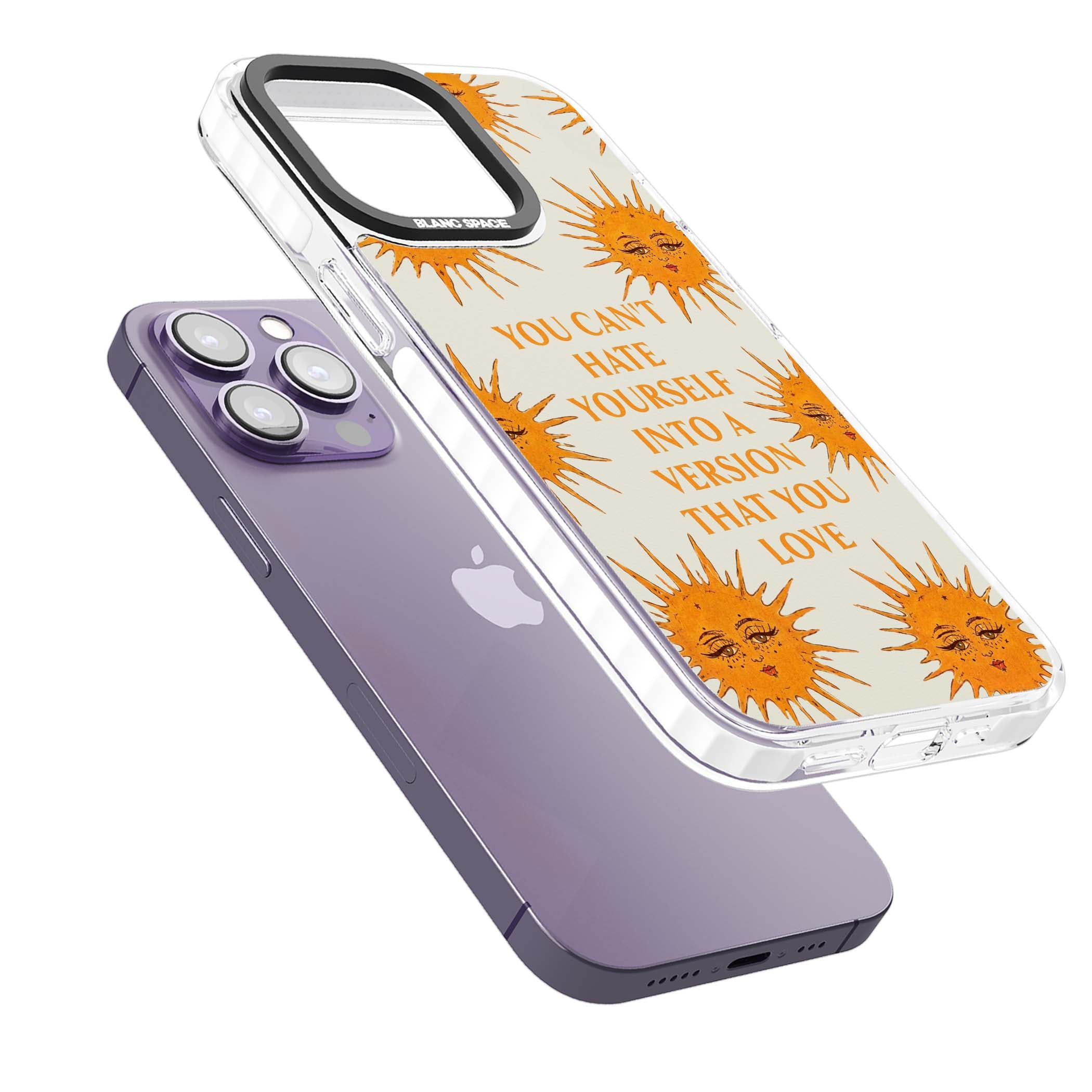 Don't Hate Yourself celestial iPhone case featuring vintage sun faces, ochre rays and a self-love quote | Clear Impact case for iPhone 13 Pro, iPhone 14 Pro, iPhone 15 Pro