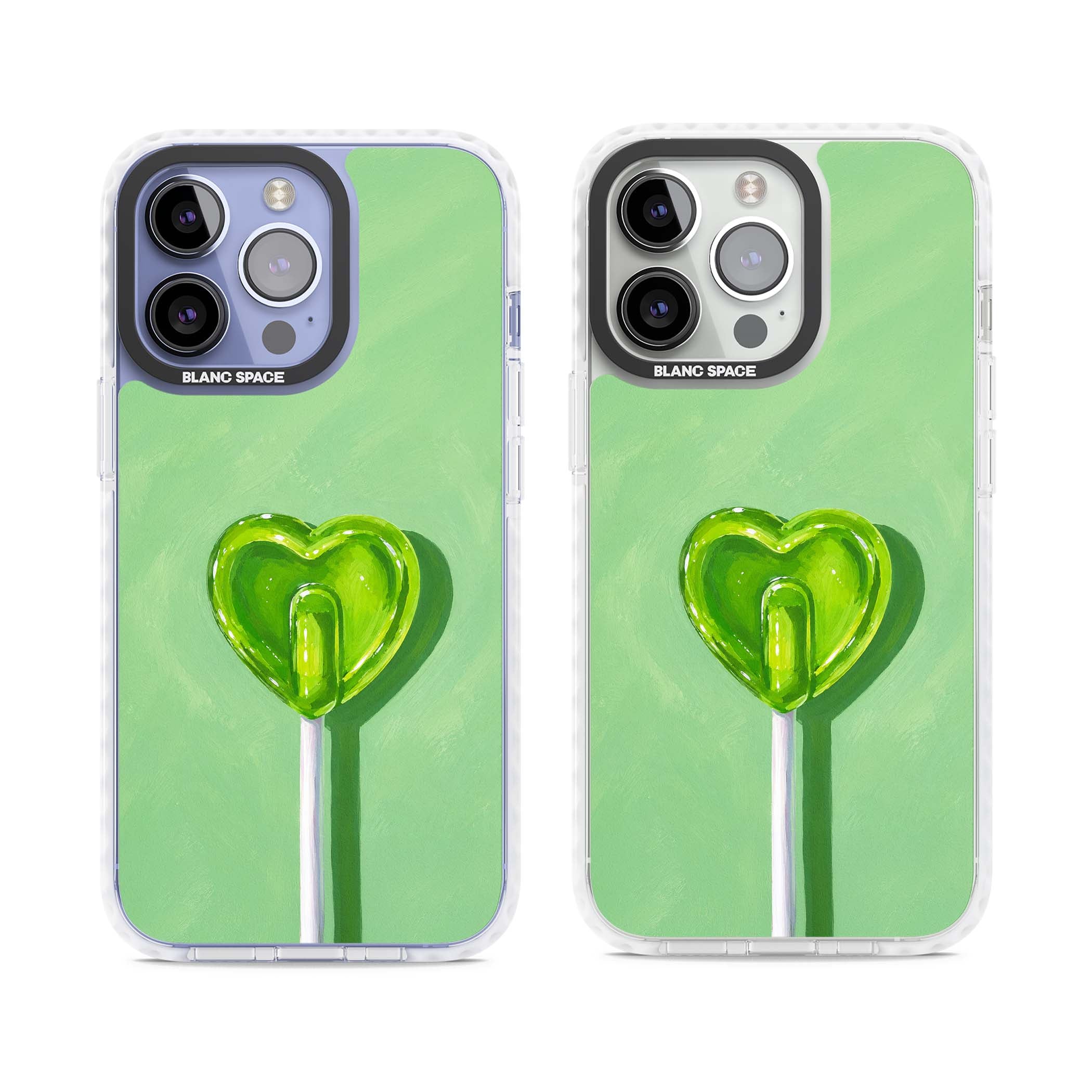 Green Lollipop candy art iPhone case featuring a glossy green heart-shaped lollipop on a painted pastel green background | Clear Impact case for iPhone 13 Pro, iPhone 14 Pro, iPhone 15 Pro