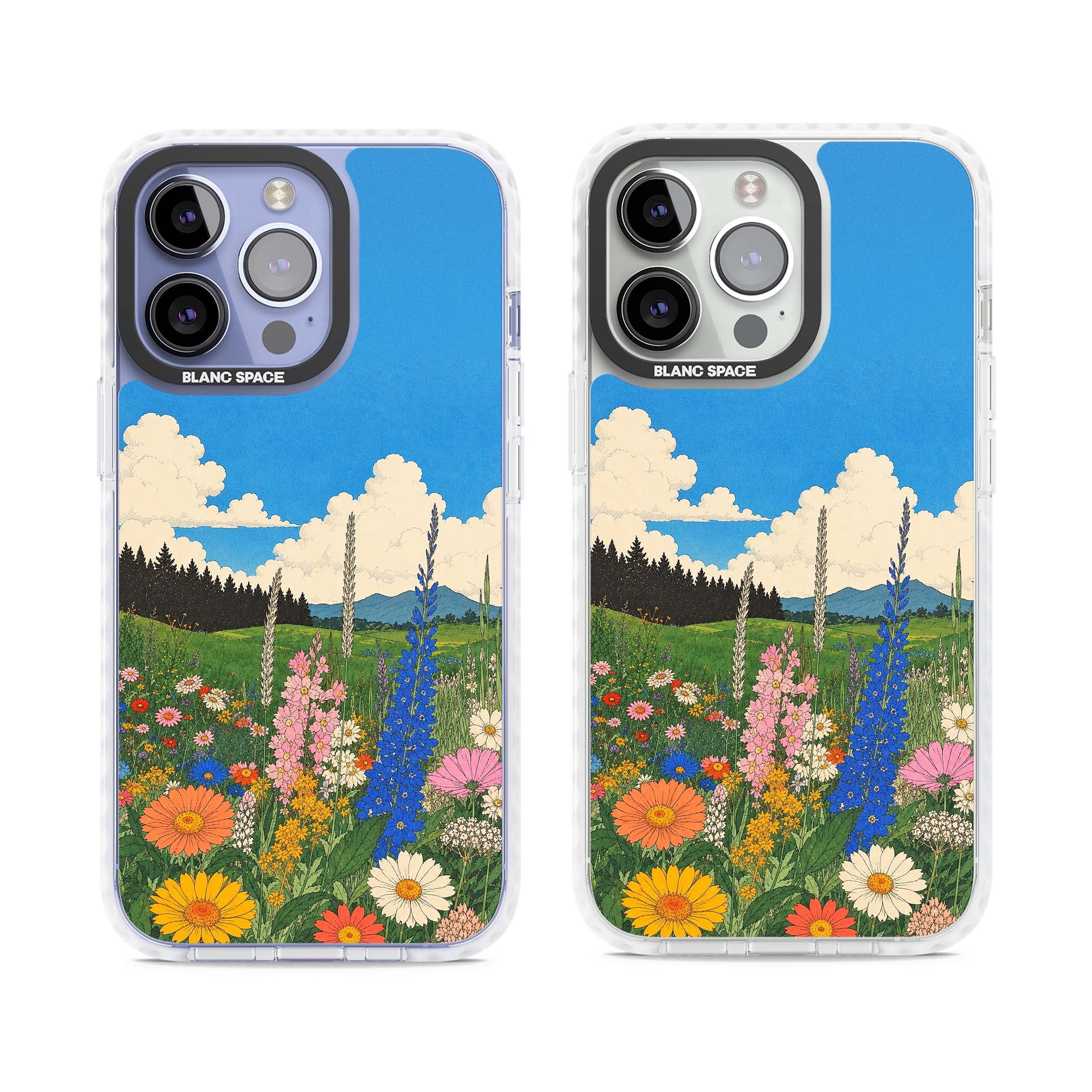 Wildbloom wildflower iPhone case featuring a vintage Japanese-style meadow landscape with daisies, delphiniums and moun | Clear Impact case for iPhone 13 Pro, iPhone 14 Pro, iPhone 15 Pro