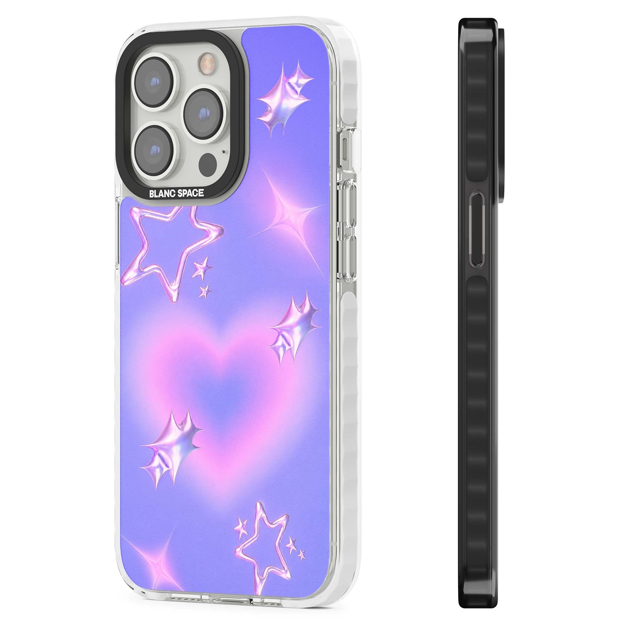 Soft Sugar Y2K iPhone case featuring iridescent chrome hearts, metallic pink stars and a lavender gradient sky | Clear Impact case for iPhone 13 Pro, iPhone 14 Pro, iPhone 15 Pro