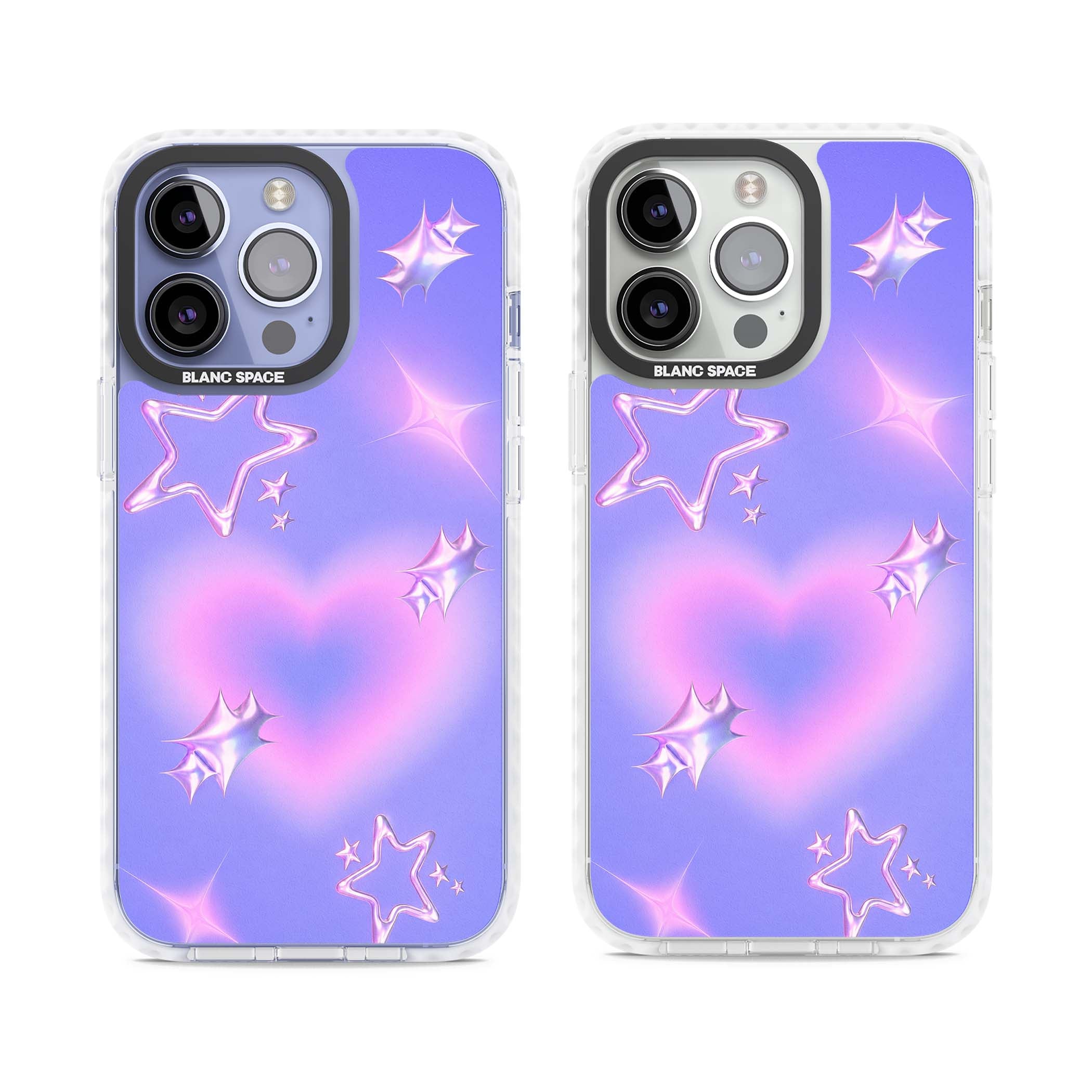 Soft Sugar Y2K iPhone case featuring iridescent chrome hearts, metallic pink stars and a lavender gradient sky | Clear Impact case for iPhone 13 Pro, iPhone 14 Pro, iPhone 15 Pro
