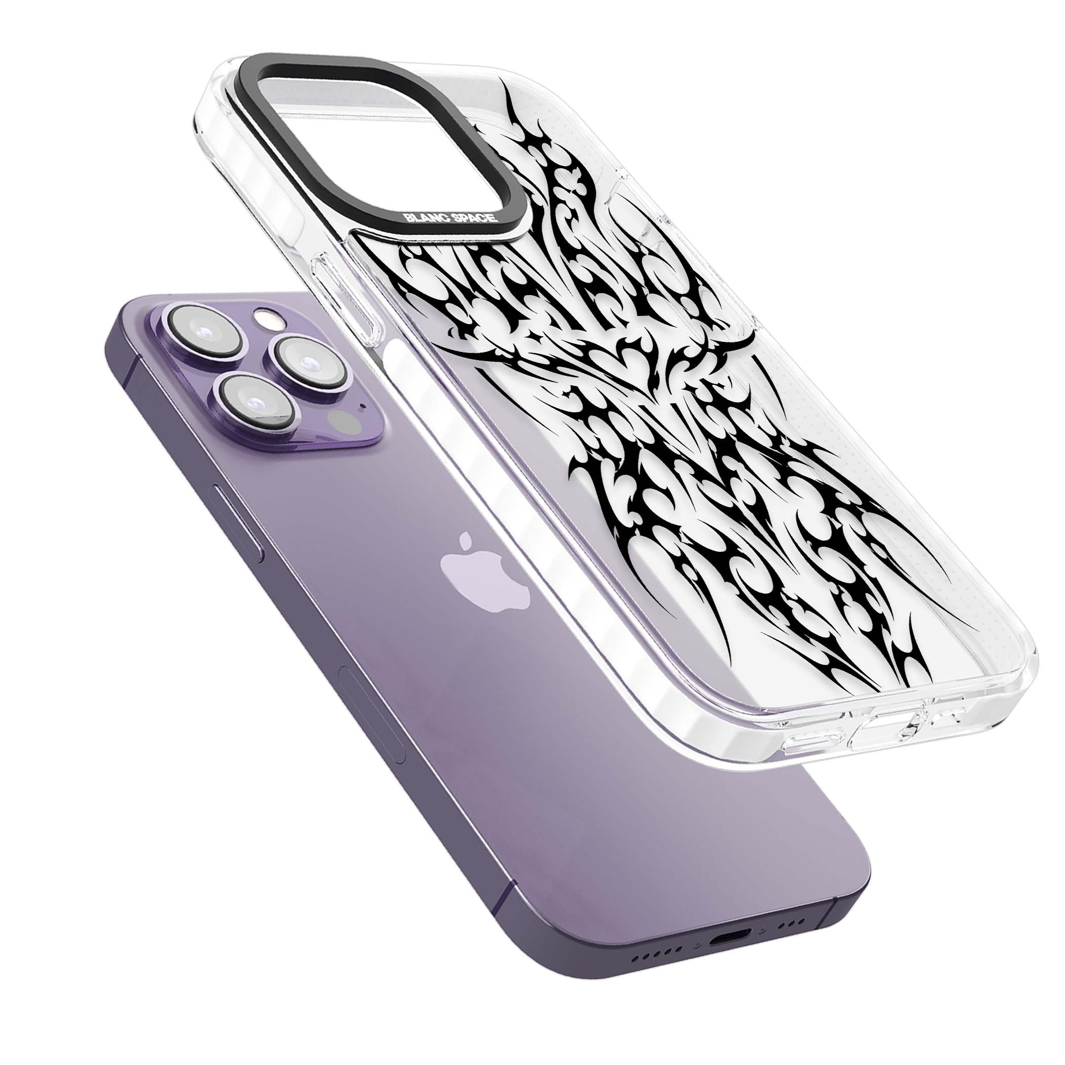 Neo Tribal Heart gothic iPhone case featuring symmetrical black tribal tattoo art with sharp thorn-like linework | Clear Impact case for iPhone 13 Pro, iPhone 14 Pro, iPhone 15 Pro