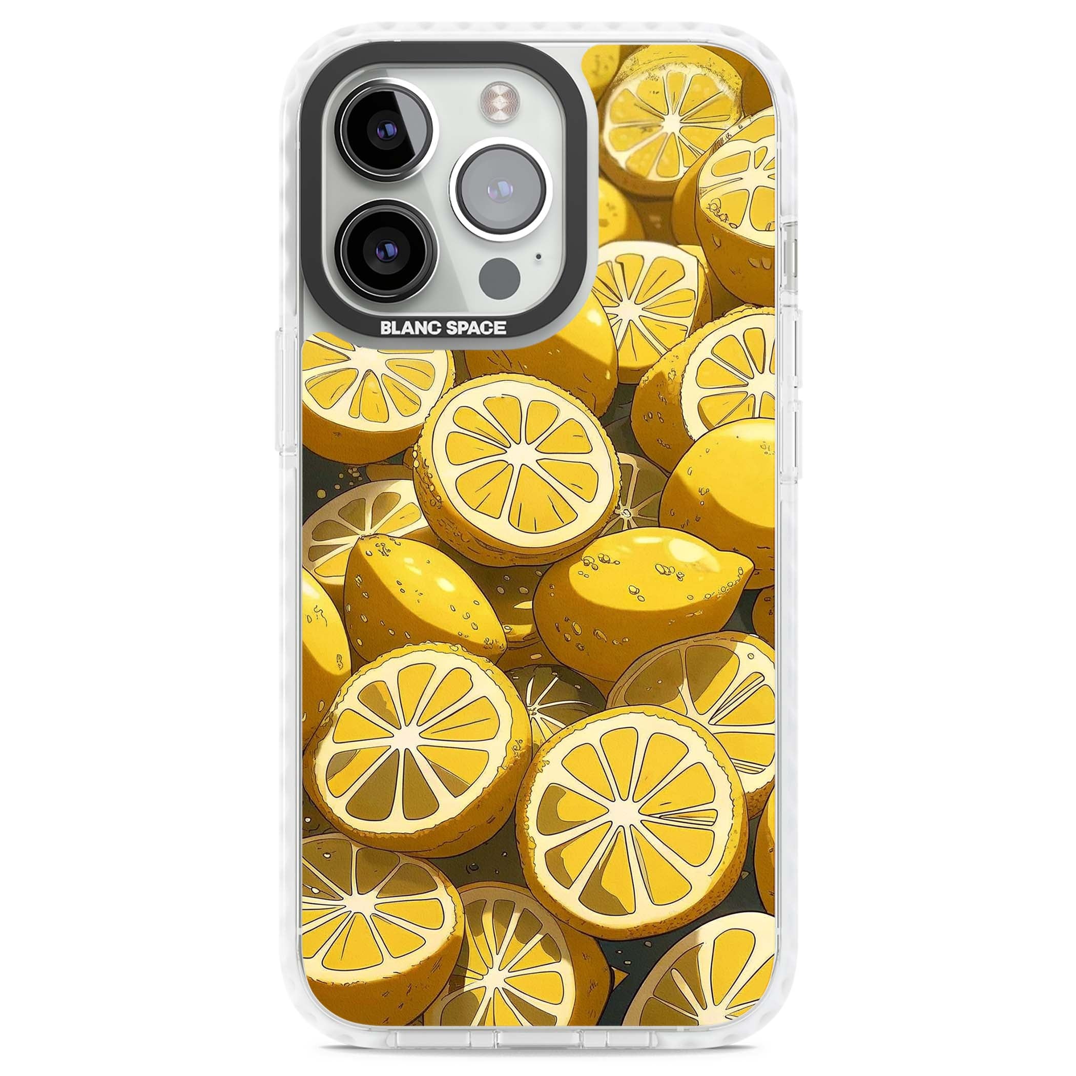 Zesty coastal iPhone case featuring illustrated Mediterranean lemons and citrus slices in golden yellow | Clear Impact case for iPhone 13 Pro, iPhone 14 Pro, iPhone 15 Pro