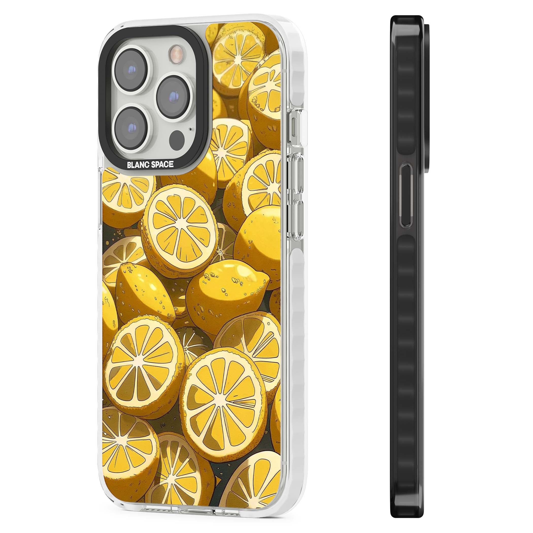 Zesty coastal iPhone case featuring illustrated Mediterranean lemons and citrus slices in golden yellow | Clear Impact case for iPhone 13 Pro, iPhone 14 Pro, iPhone 15 Pro