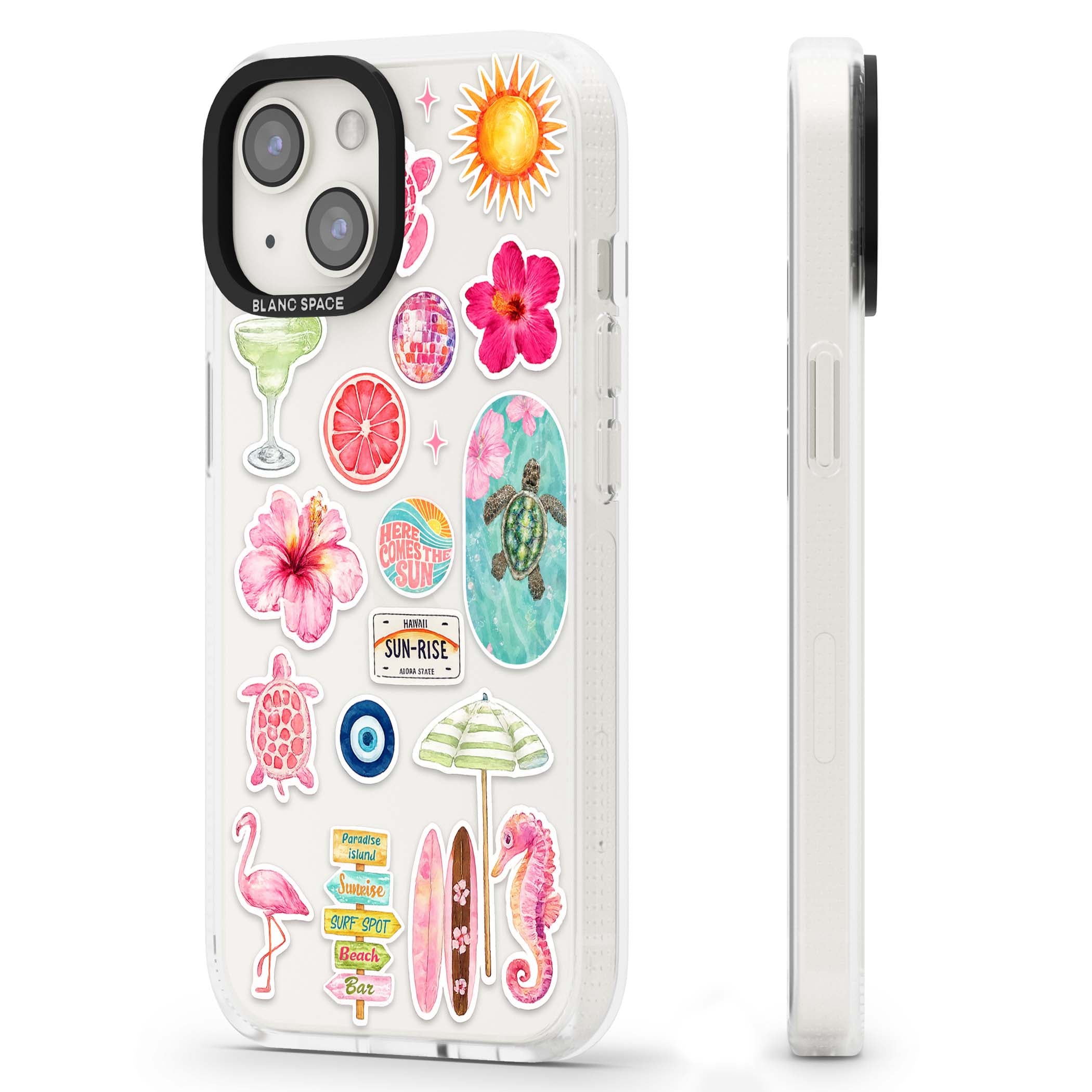 Aloha Sticker Mix tropical summer iPhone case featuring pink hibiscus, sea turtles, flamingo and beach umbrella stickers | Clear Case Impact Air case for iPhone 15, iPhone 15 Plus