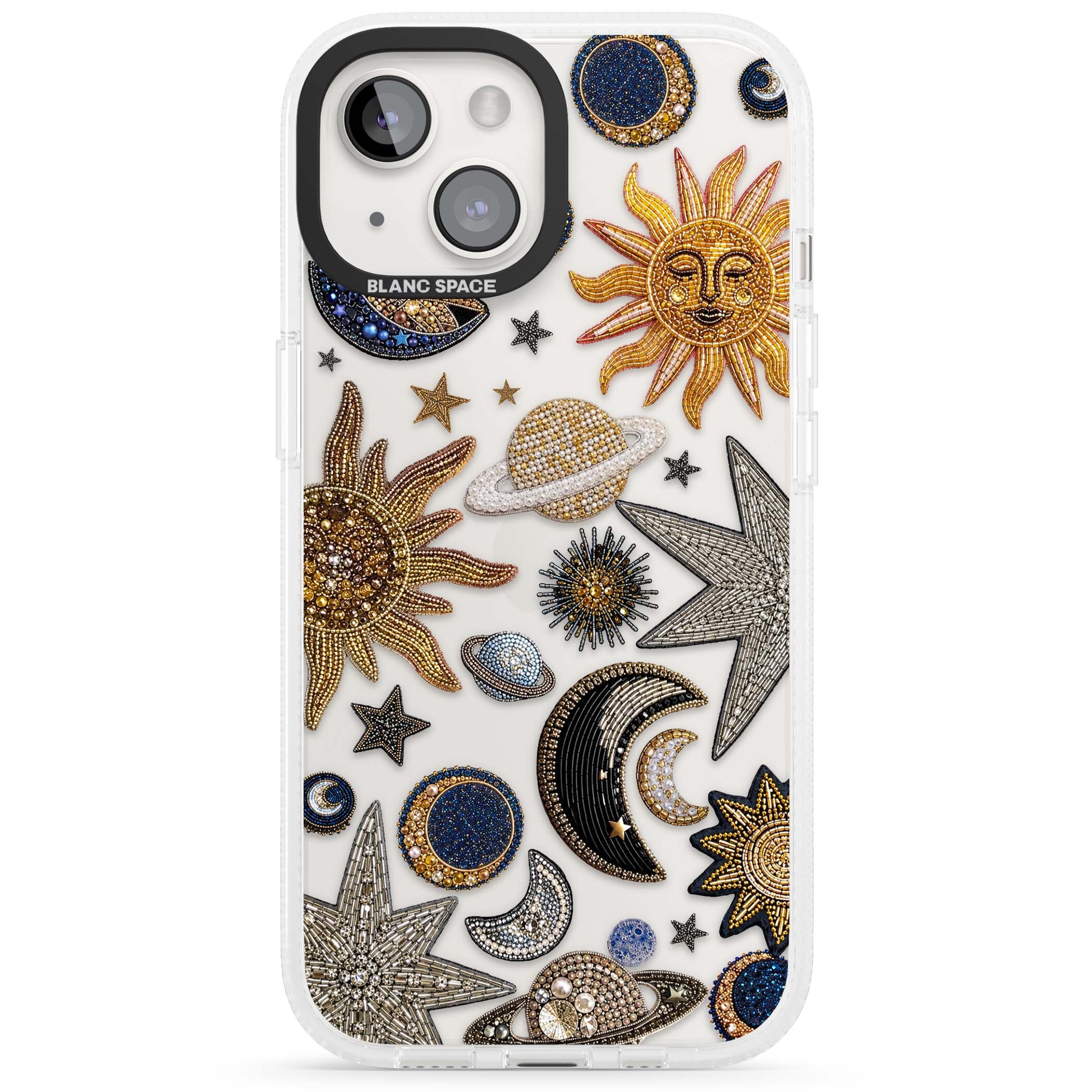 Beaded Cosmos celestial iPhone case featuring embroidered golden suns, beaded planets and silver shooting stars | Clear Case Impact Air case for iPhone 15, iPhone 15 Plus