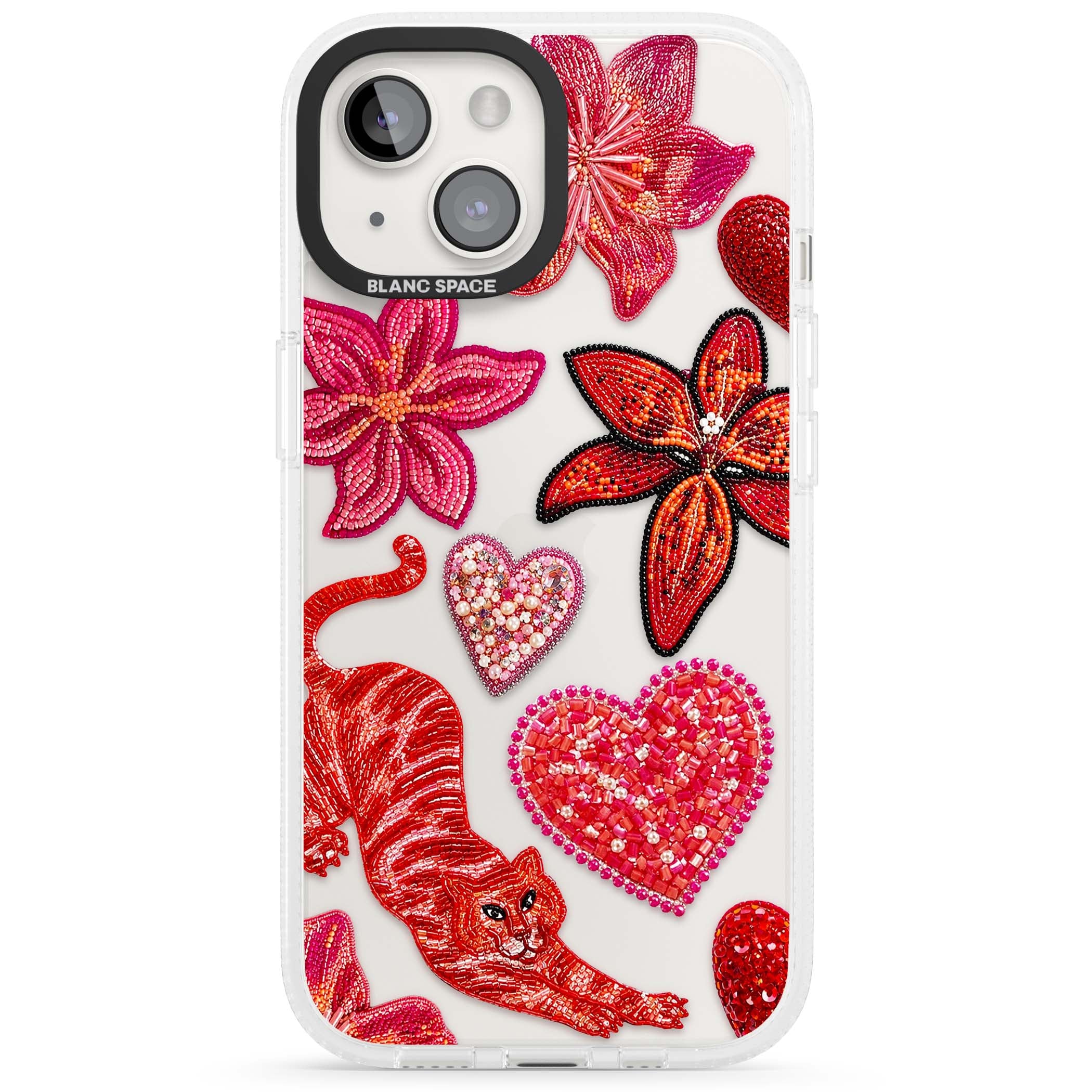 Beaded Boho floral iPhone case featuring beaded red lilies, a stitched tiger, and pearl-encrusted hearts on clear | Clear Case Impact Air case for iPhone 15, iPhone 15 Plus