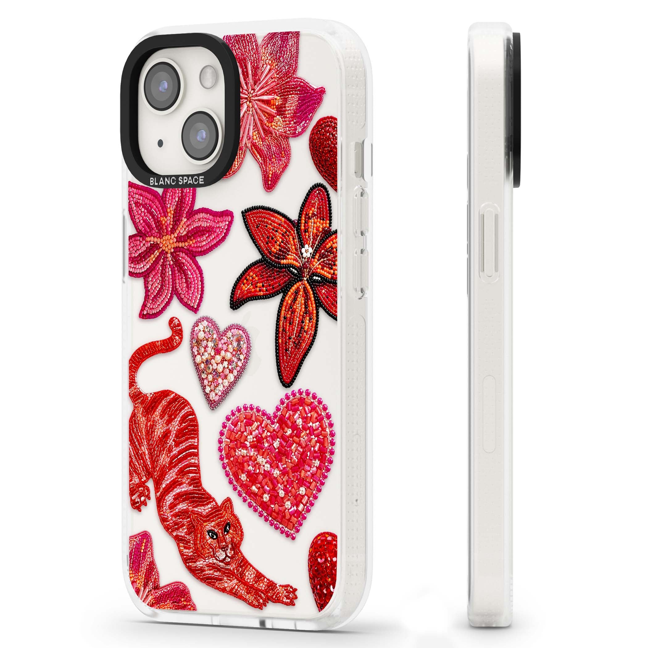 Beaded Boho floral iPhone case featuring beaded red lilies, a stitched tiger, and pearl-encrusted hearts on clear | Clear Case Impact Air case for iPhone 15, iPhone 15 Plus