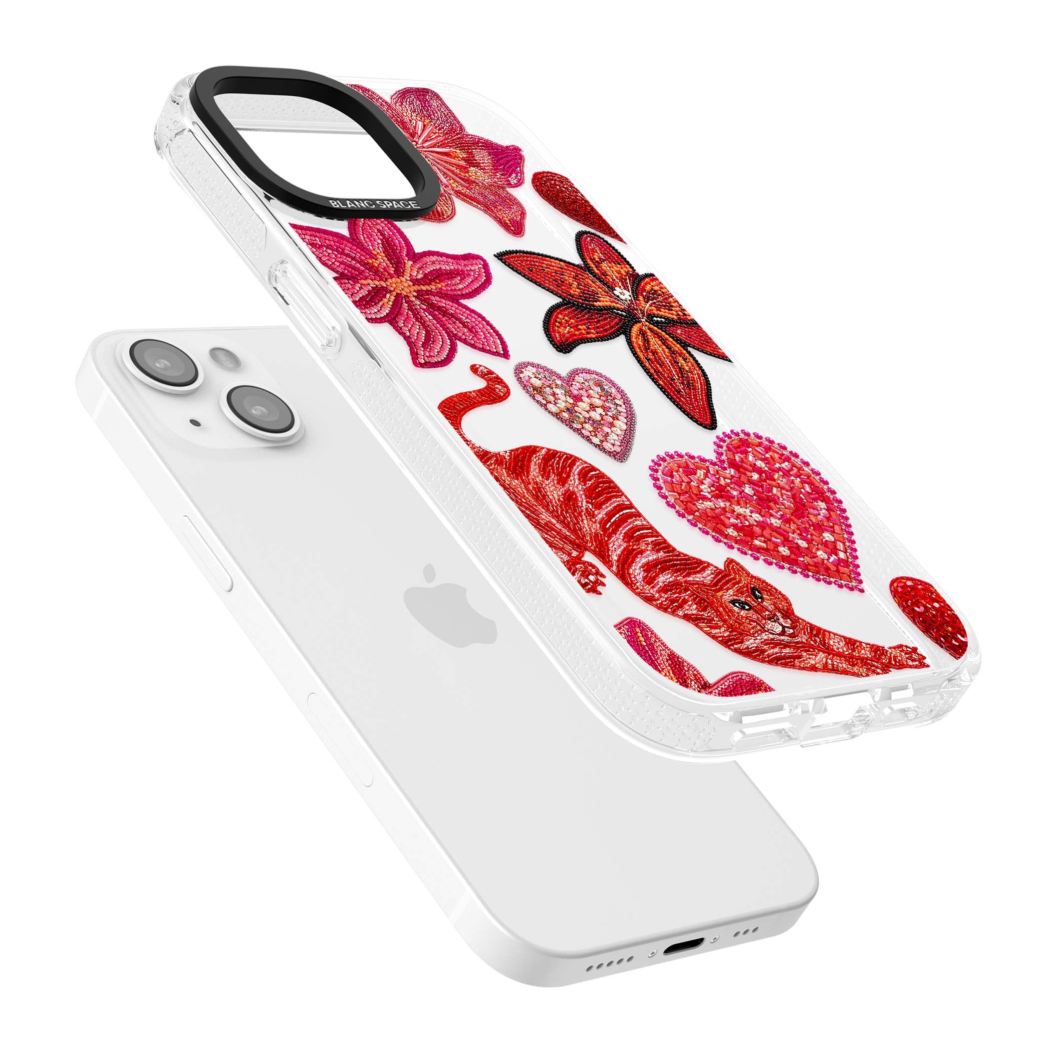 Beaded Boho floral iPhone case featuring beaded red lilies, a stitched tiger, and pearl-encrusted hearts on clear | Clear Case Impact Air case for iPhone 15, iPhone 15 Plus