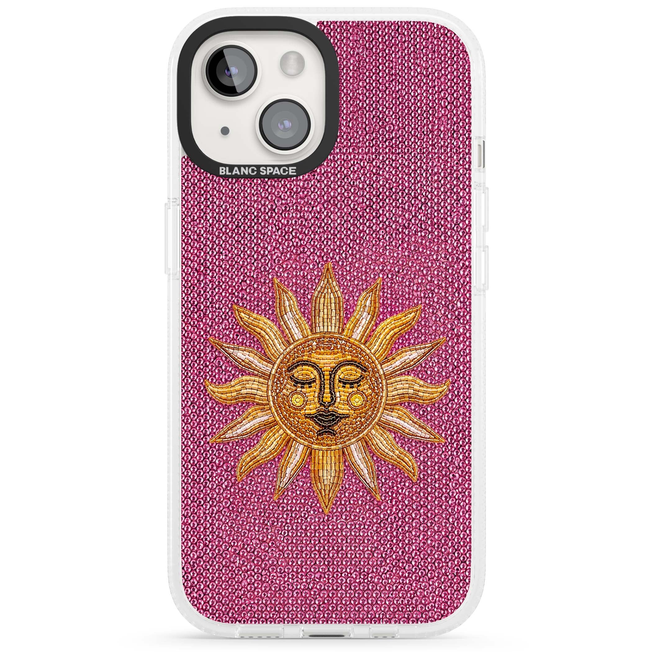 Beaded Sun celestial iPhone case featuring a golden beaded sun face with radiant rays on hot pink beaded background | Clear Case Impact Air case for iPhone 15, iPhone 15 Plus