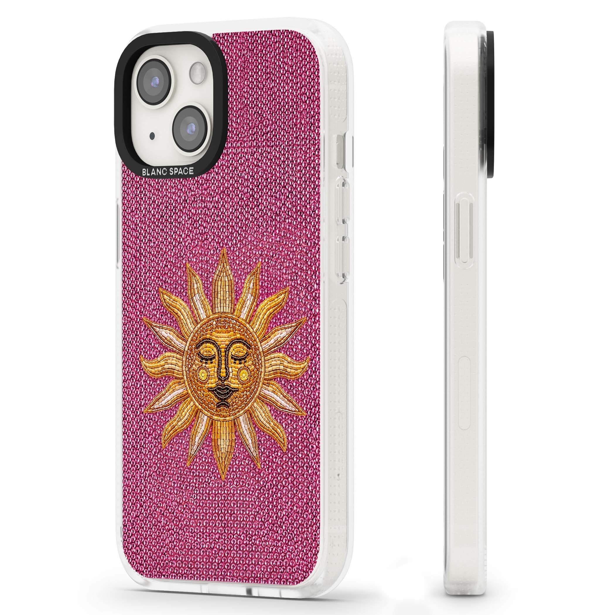 Beaded Sun celestial iPhone case featuring a golden beaded sun face with radiant rays on hot pink beaded background | Clear Case Impact Air case for iPhone 15, iPhone 15 Plus