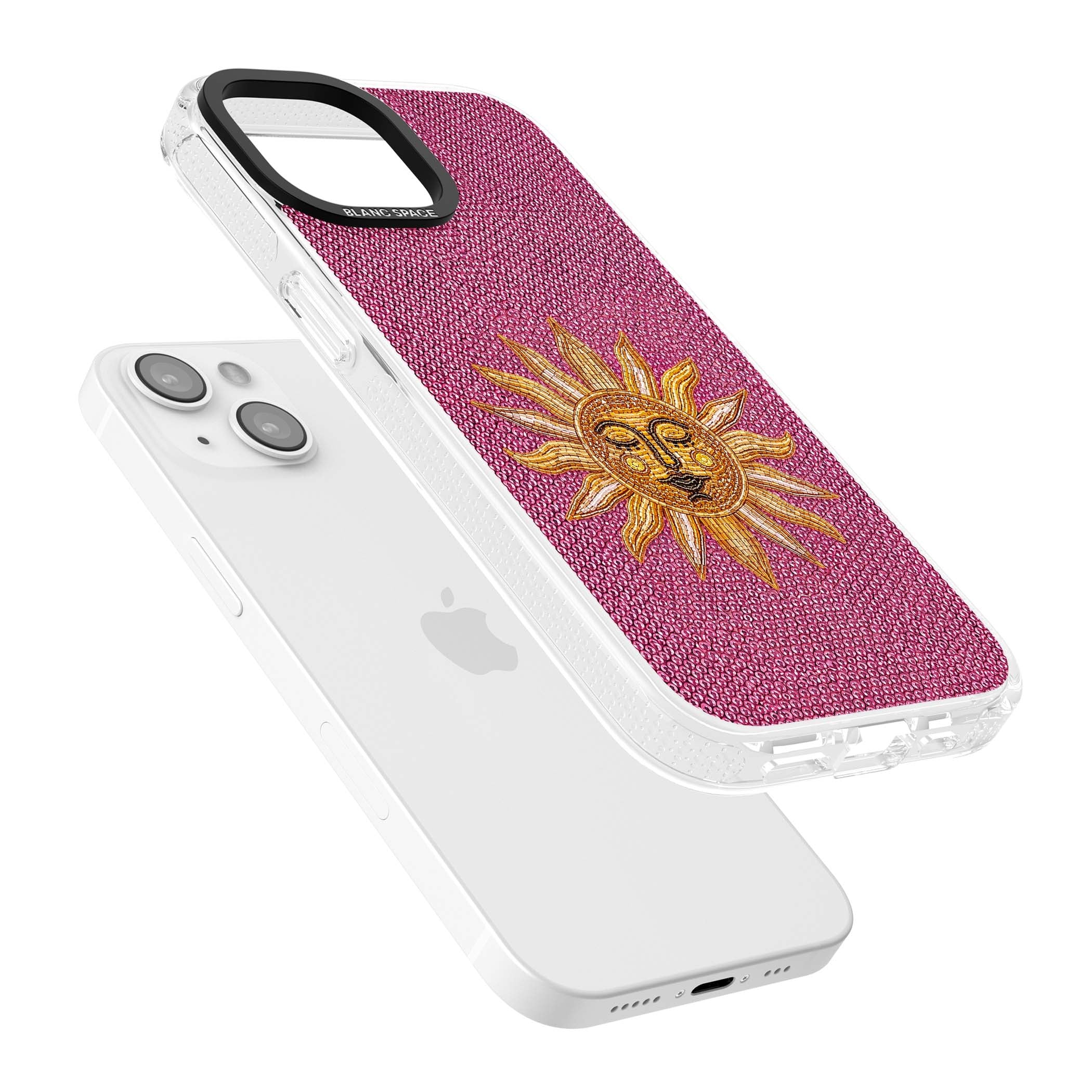 Beaded Sun celestial iPhone case featuring a golden beaded sun face with radiant rays on hot pink beaded background | Clear Case Impact Air case for iPhone 15, iPhone 15 Plus