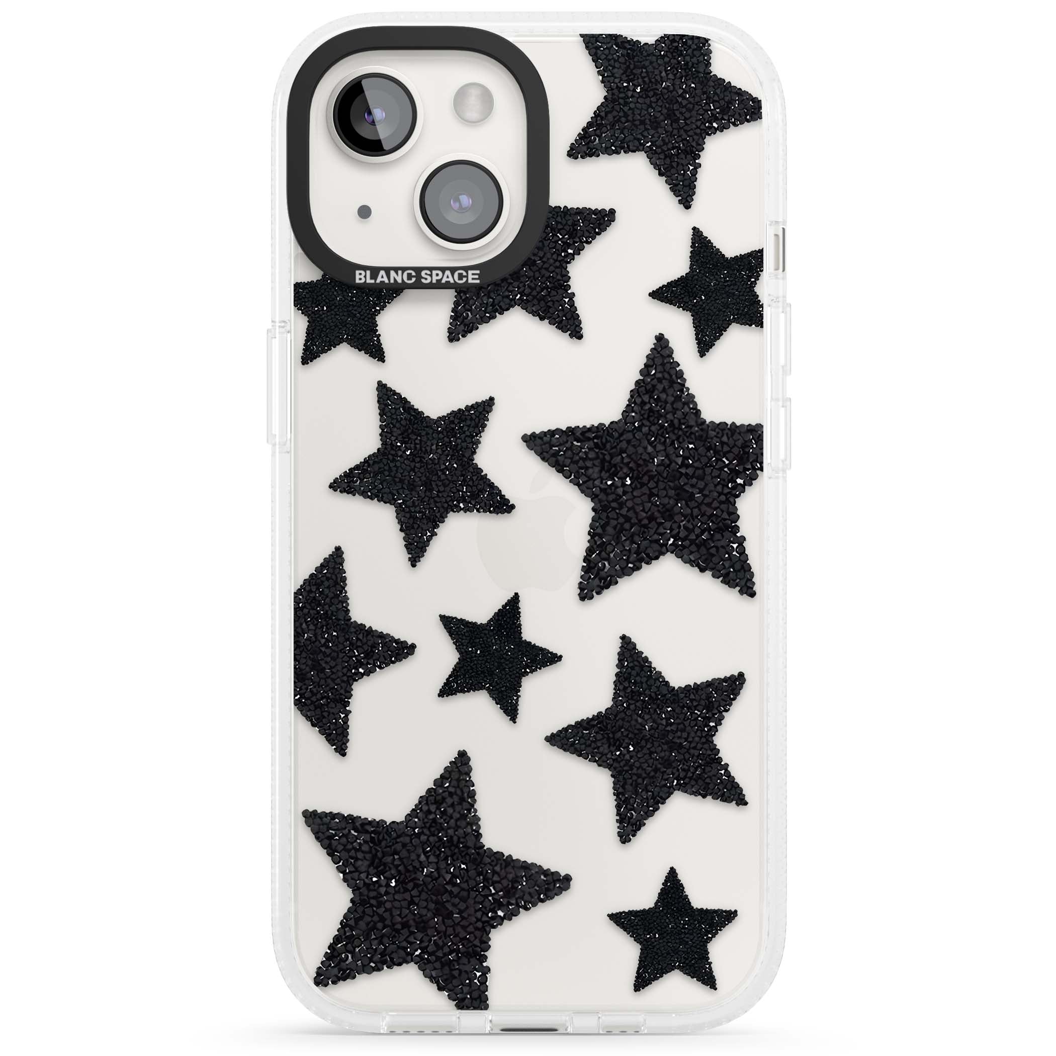 Beaded Black Stars celestial iPhone case featuring black glitter beaded stars scattered on a clear background | Clear Case Impact Air case for iPhone 15, iPhone 15 Plus