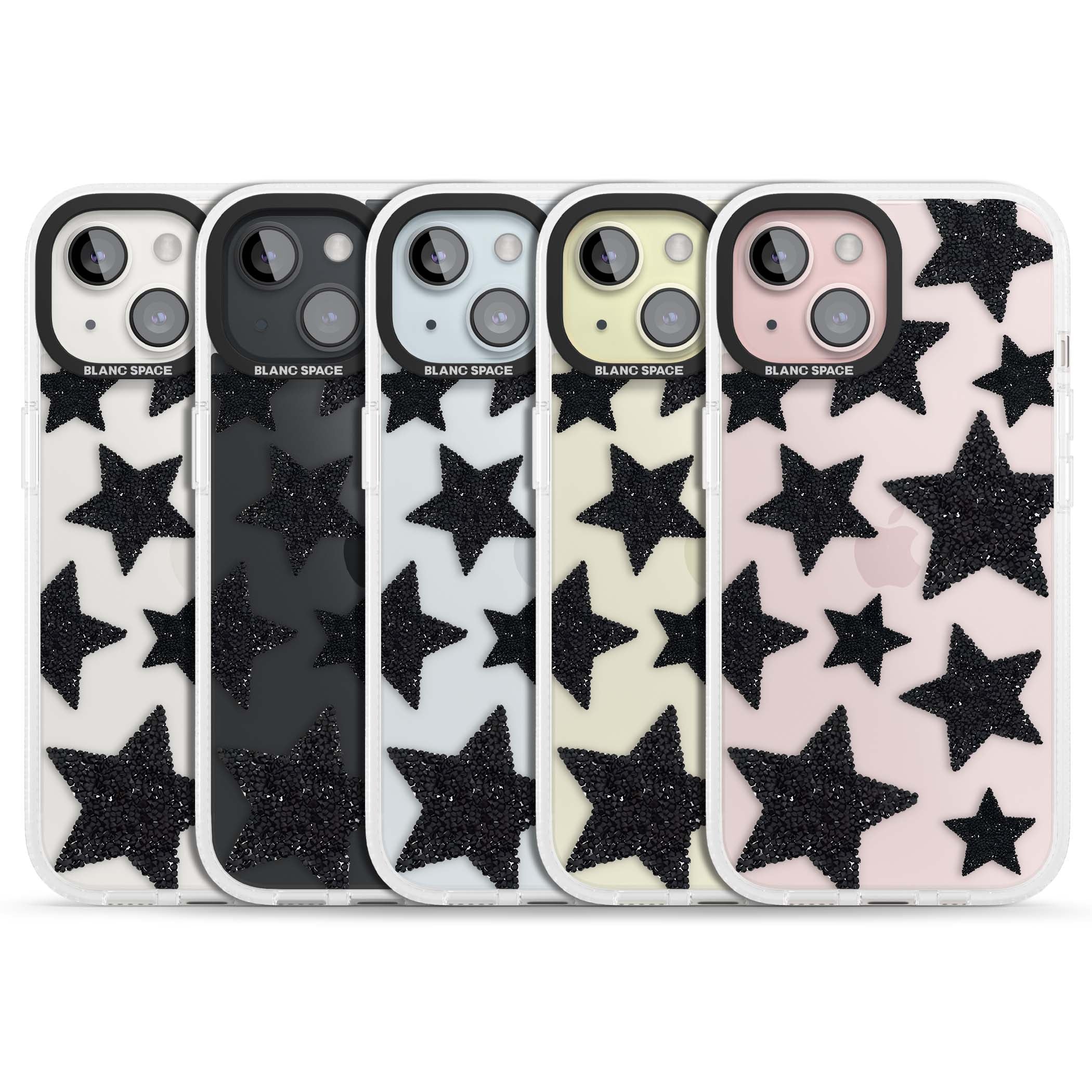 Beaded Black Stars celestial iPhone case featuring black glitter beaded stars scattered on a clear background | Clear Case Impact Air case for iPhone 15, iPhone 15 Plus