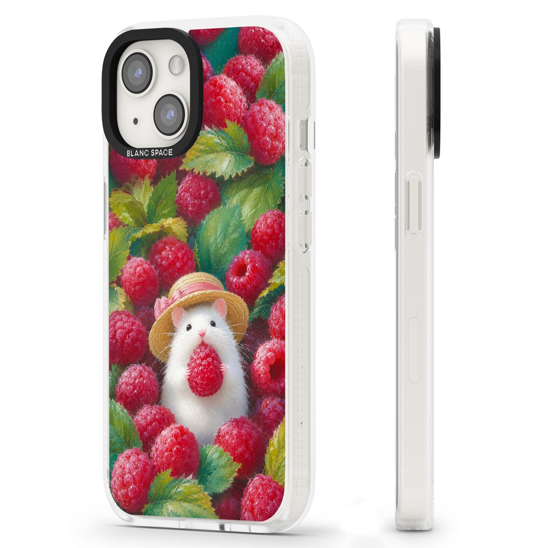 Berry Forager cottagecore iPhone case featuring a white hamster in a straw hat holding a raspberry surrounded by ripe ber | Clear Case Impact Air case for iPhone 15, iPhone 15 Plus