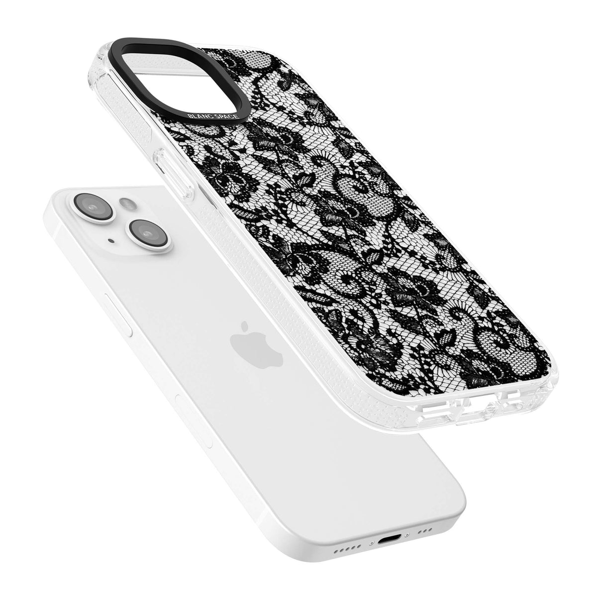 Black Lace gothic iPhone case featuring intricate black floral lace pattern with vintage whimsigoth detail | Clear Case Impact Air case for iPhone 15, iPhone 15 Plus