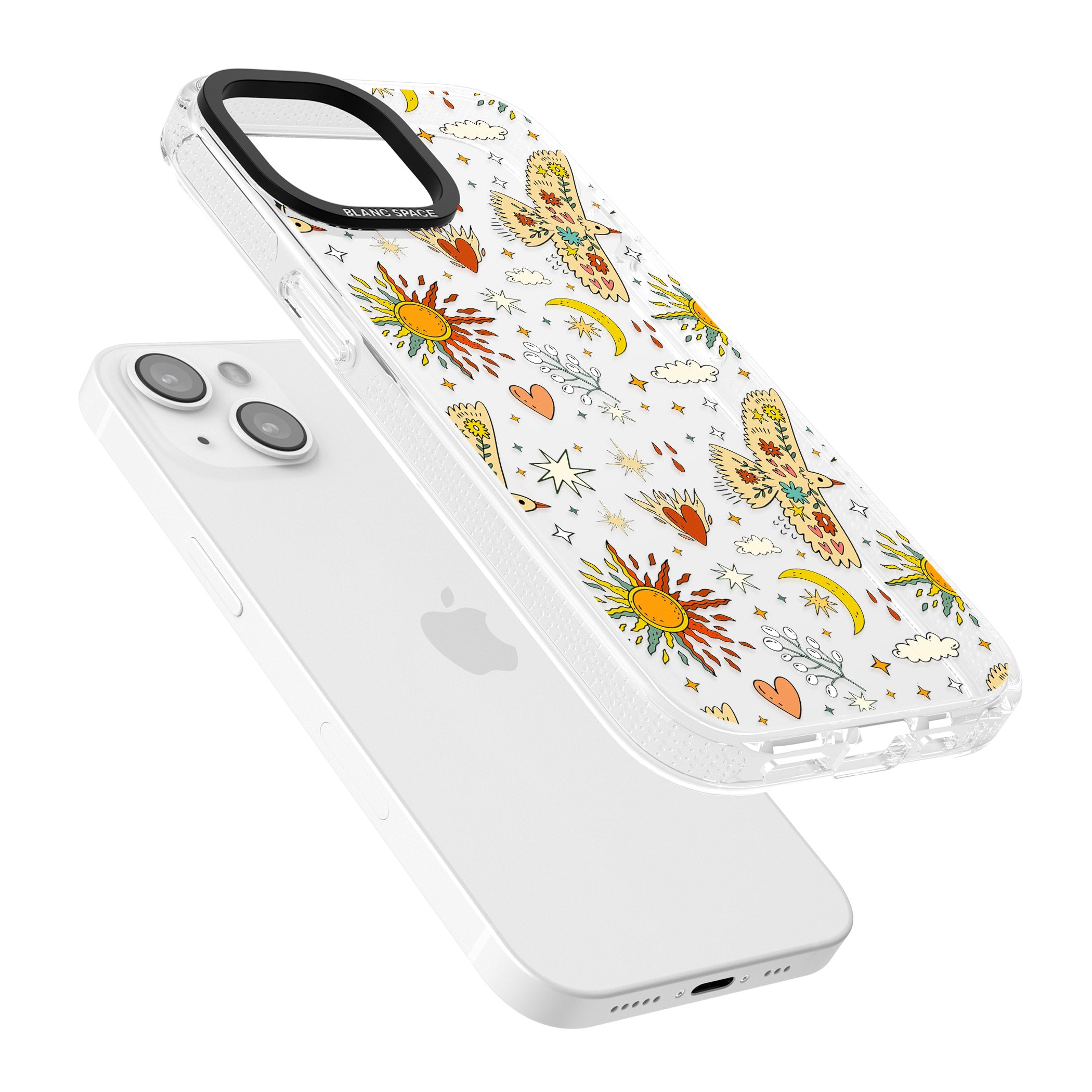 Boho Celestial Floral Bird & Sun iPhone 15 / 14 / 13 Clear Case Impact Air - Blanc Space