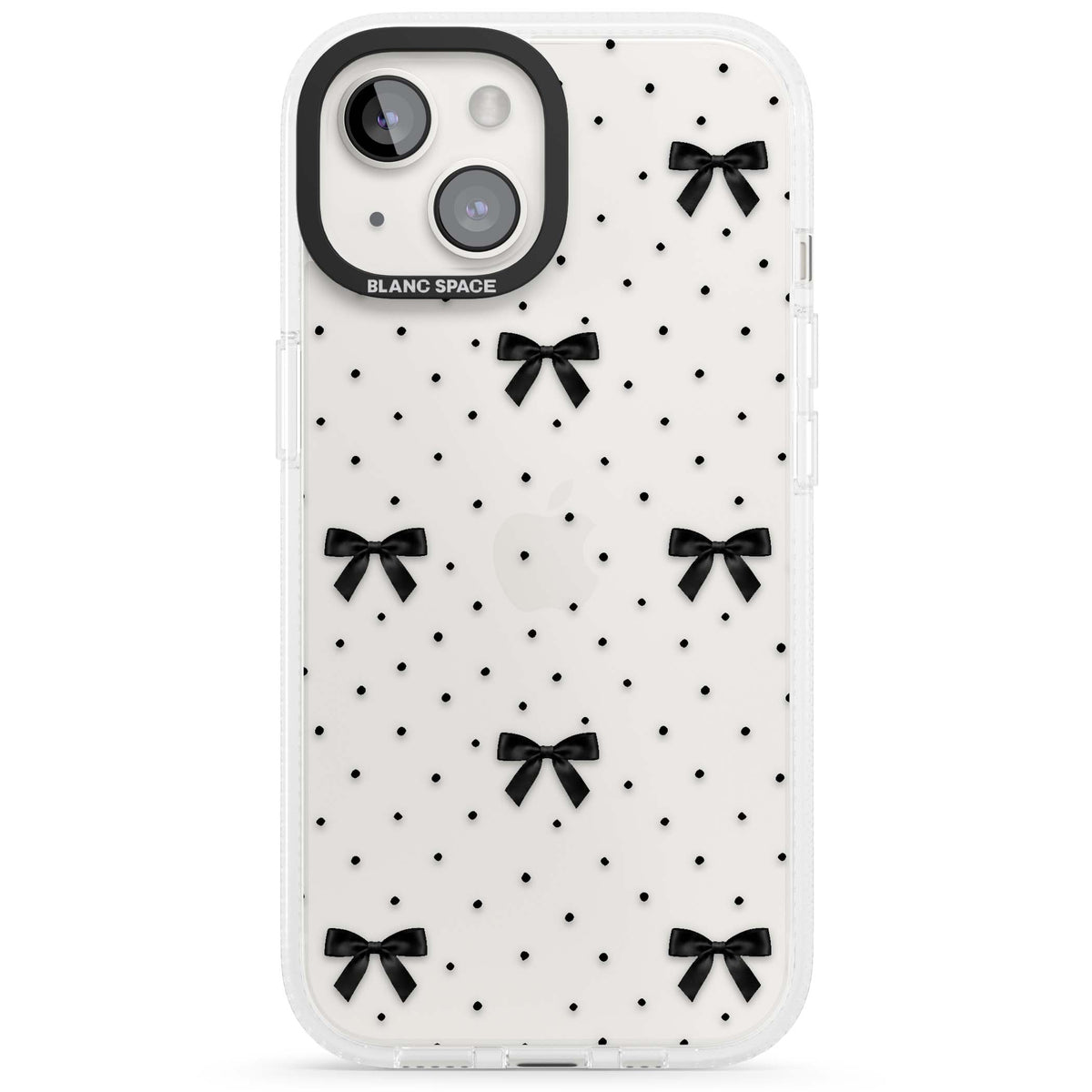 Black Polka Bows coquette iPhone case featuring scattered black satin bows and tiny polka dots on a clear base | Clear Case Impact Air case for iPhone 15, iPhone 15 Plus