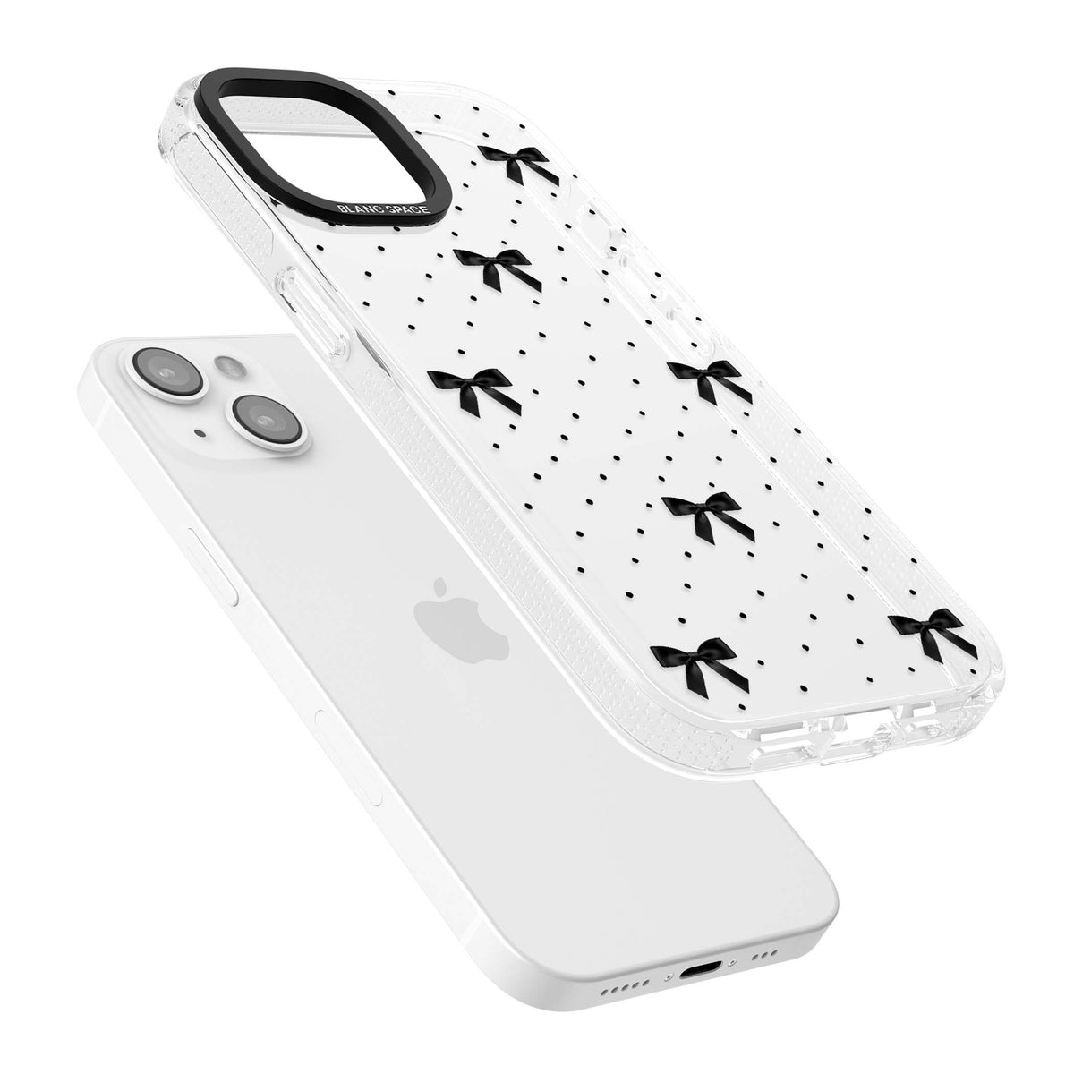 Black Polka Bows coquette iPhone case featuring scattered black satin bows and tiny polka dots on a clear base | Clear Case Impact Air case for iPhone 15, iPhone 15 Plus