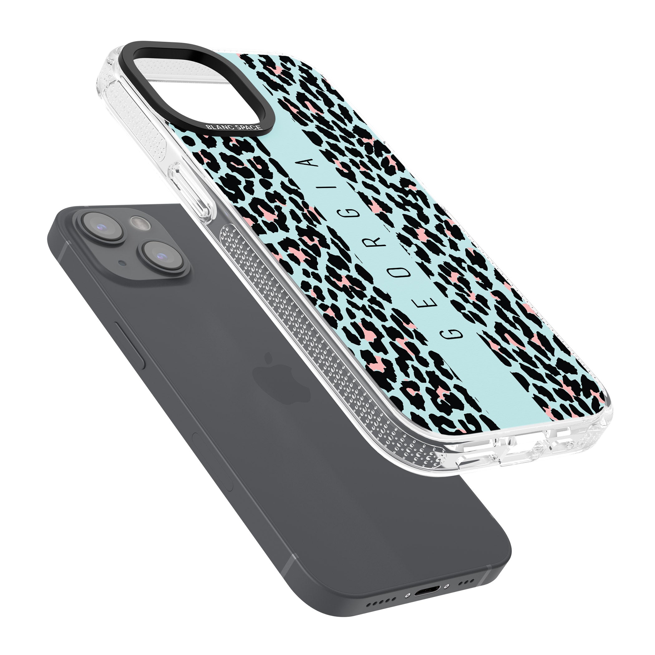 Personalised Blue Leopard Spots iPhone 15 / 14 / 13 Clear Case Impact Air - Blanc Space