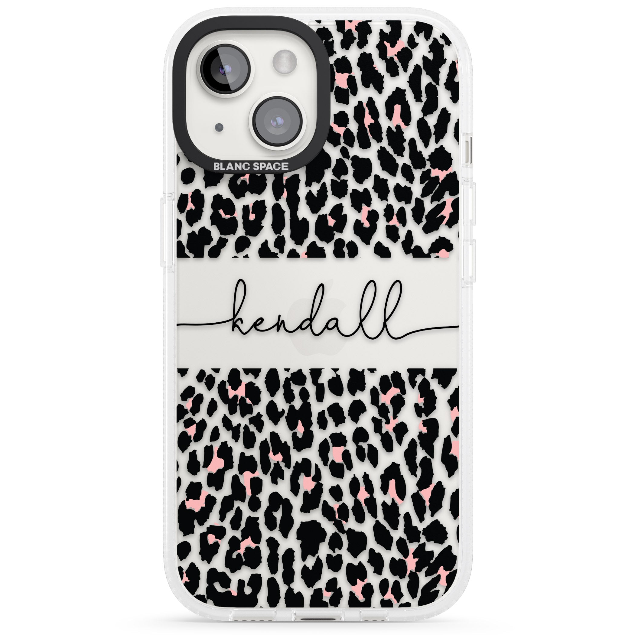 Personalised Pink & Cursive Leopard Spots iPhone 15 / 14 / 13 Clear Case Impact Air - Blanc Space