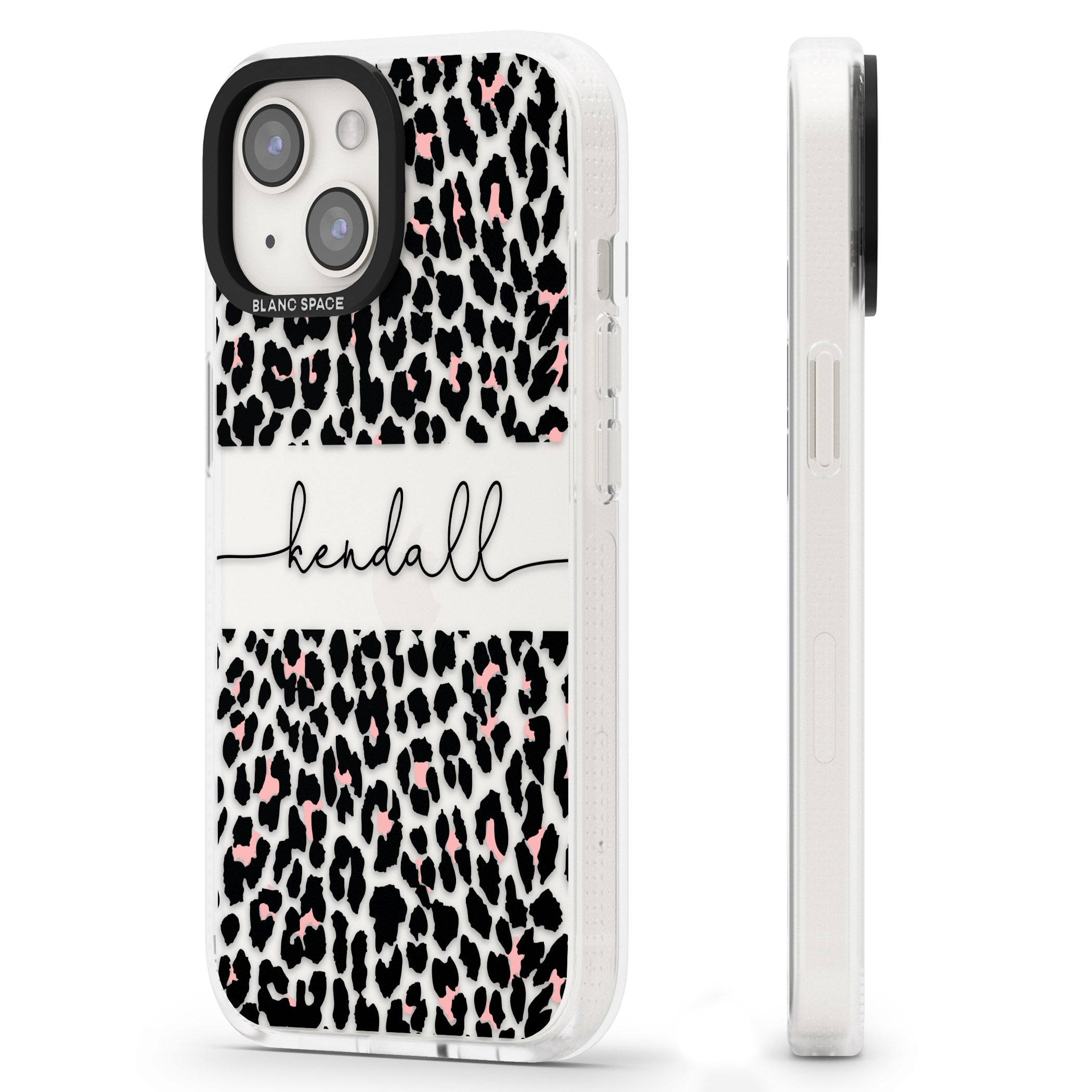 Personalised Pink & Cursive Leopard Spots iPhone 15 / 14 / 13 Clear Case Impact Air - Blanc Space