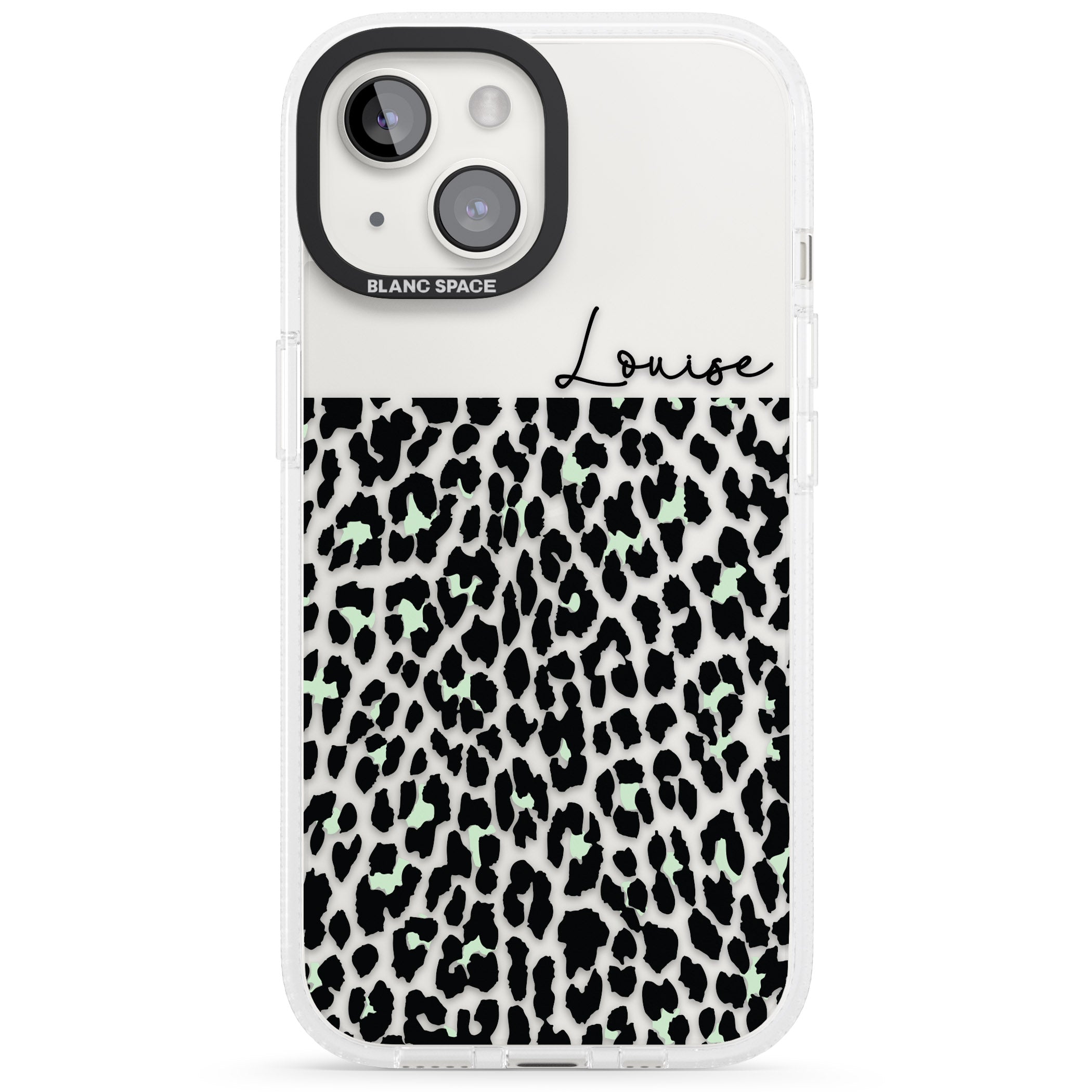 Personalised Seafoam Green & Cursive Leopard Spots iPhone 15 / 14 / 13 Clear Case Impact Air - Blanc Space