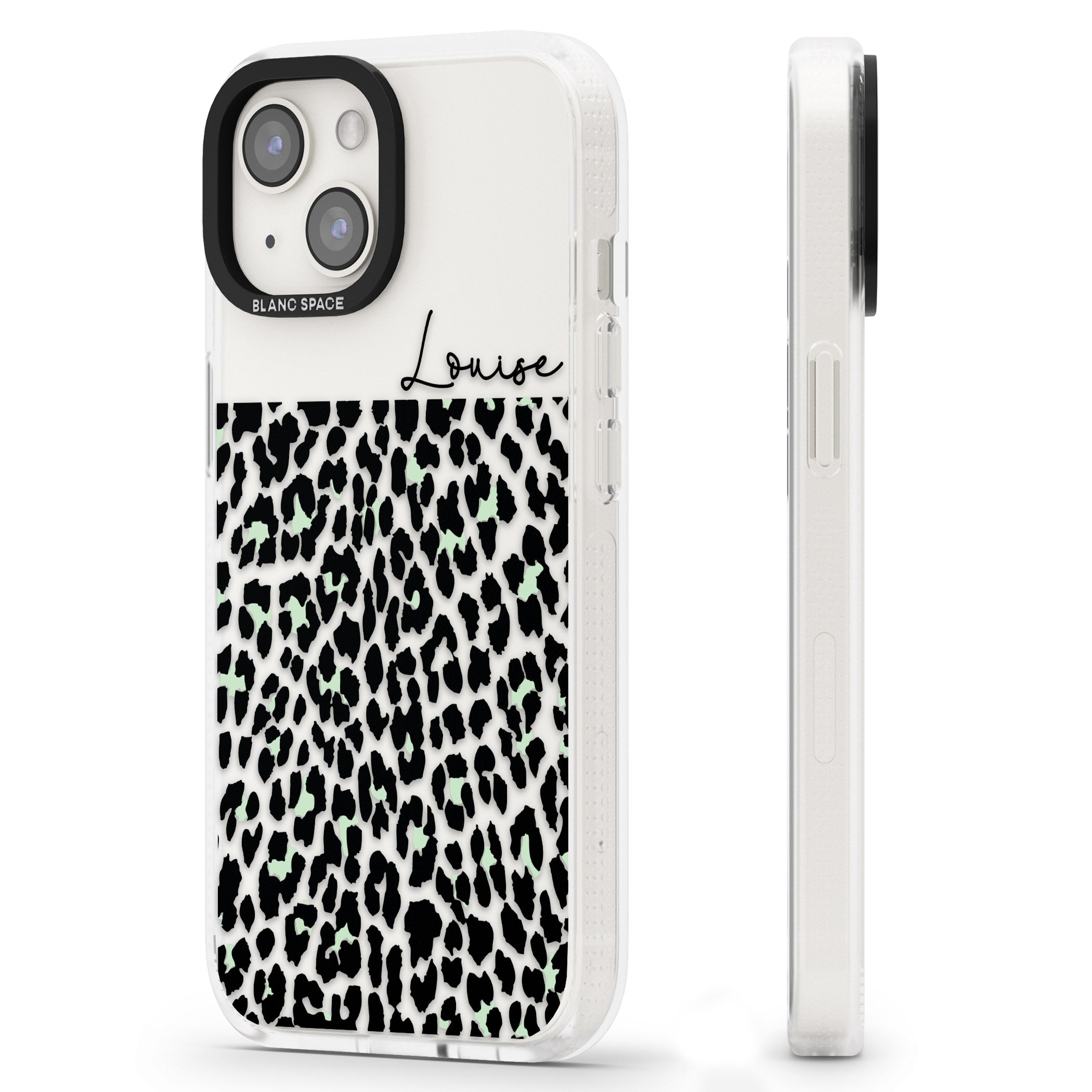 Personalised Seafoam Green & Cursive Leopard Spots iPhone 15 / 14 / 13 Clear Case Impact Air - Blanc Space