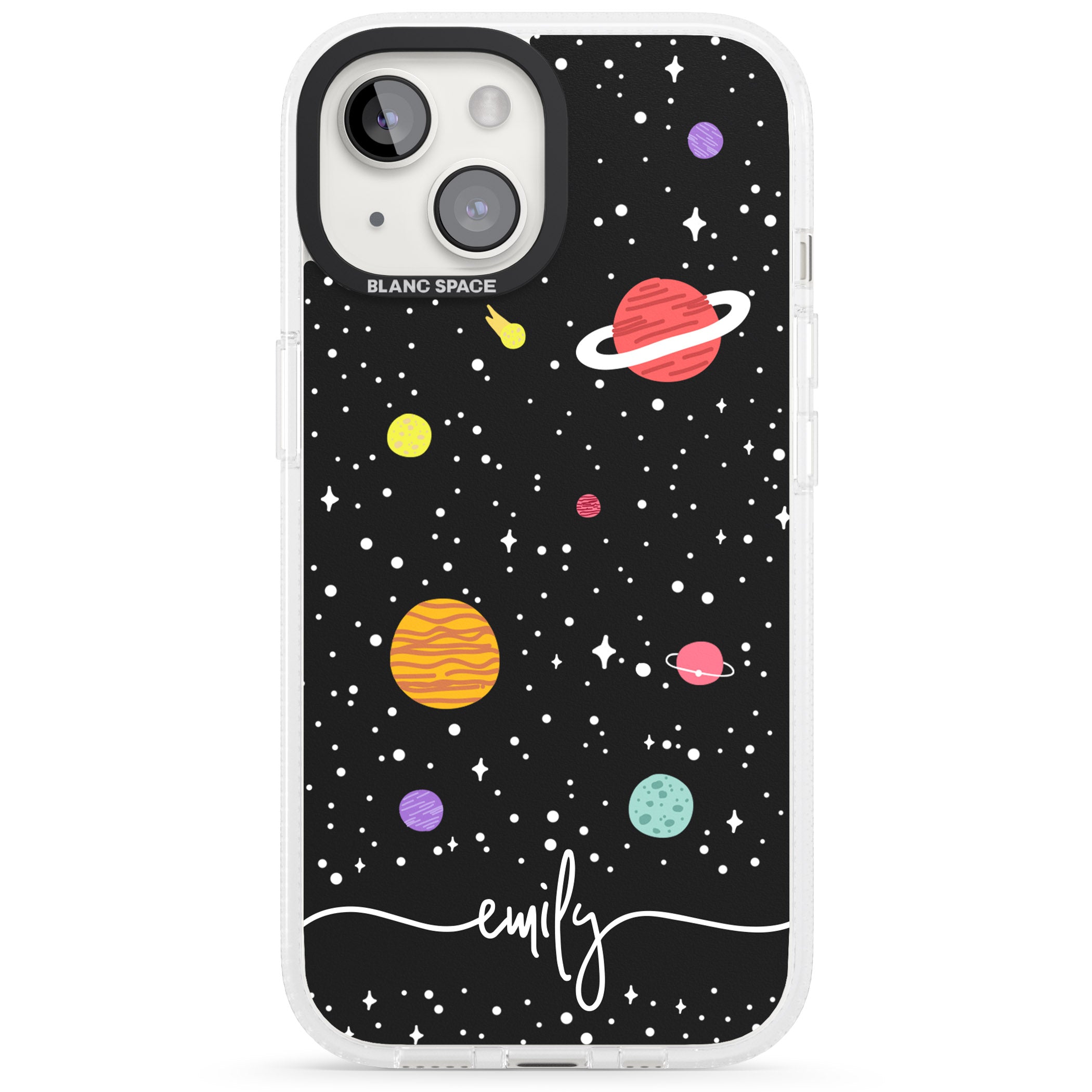 Personalised Cute Cartoon Planets iPhone 15 / 14 / 13 Clear Case Impact Air - Blanc Space