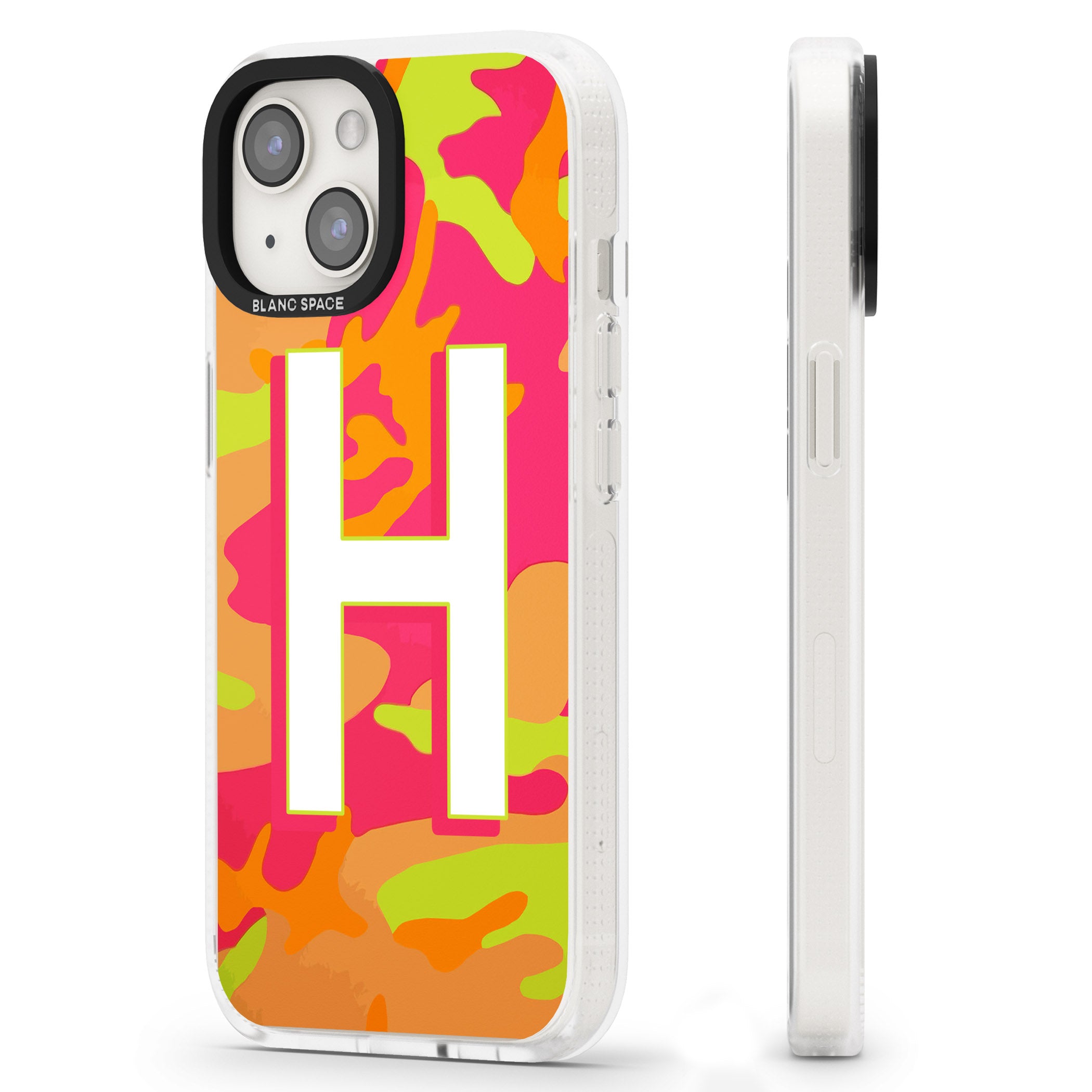 Personalised Bright Neon Camo Solid Monogram iPhone 15 / 14 / 13 Clear Case Impact Air - Blanc Space