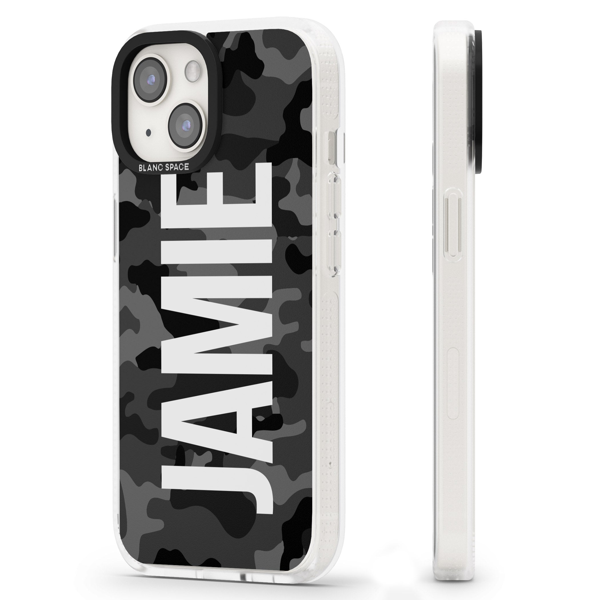 Personalised Vertical Name Black Camouflage iPhone 15 / 14 / 13 Clear Case Impact Air - Blanc Space