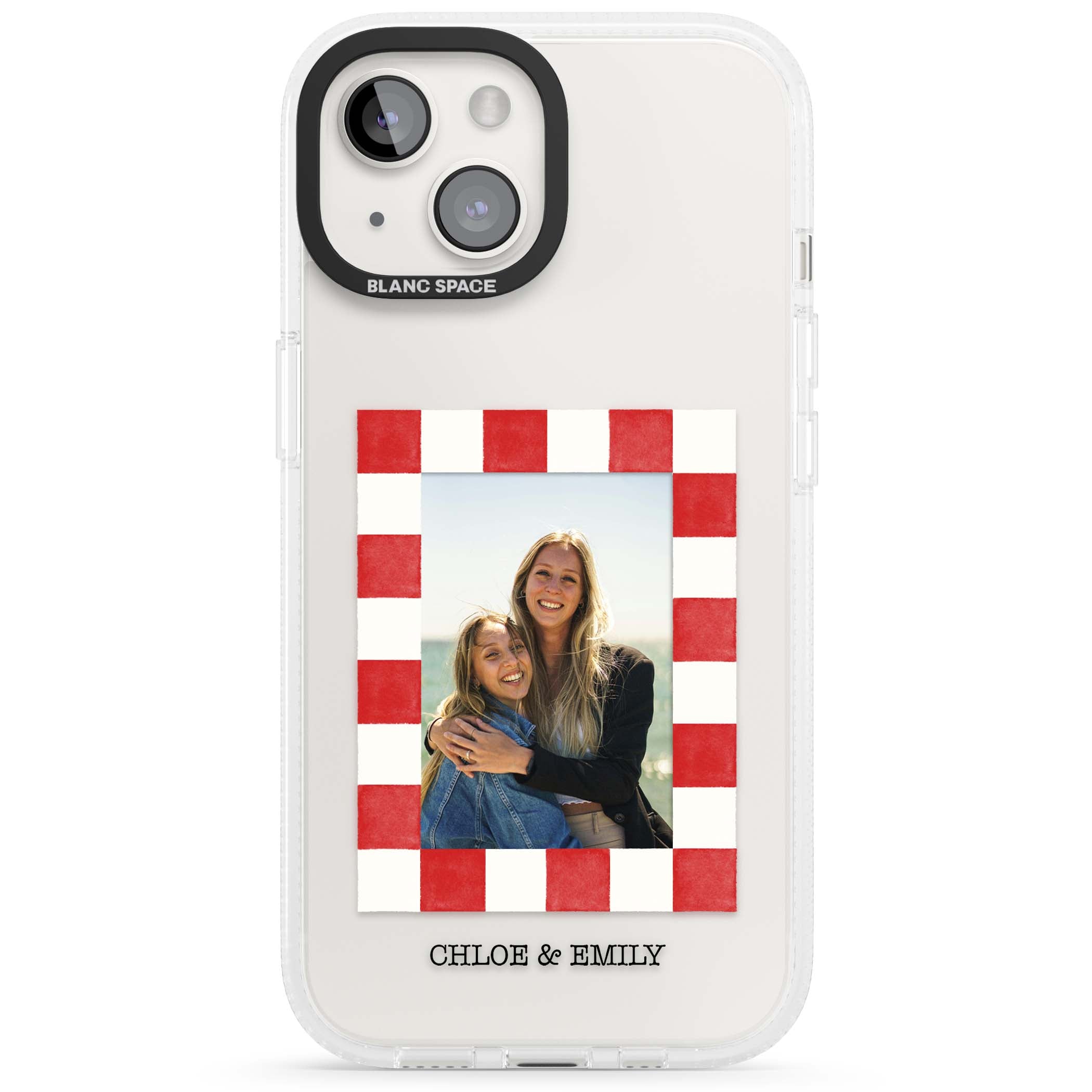 Red Check Photo personalised photo iPhone case with red and white checkered polaroid frame and custom couple name | Clear Case Impact Air case for iPhone 15, iPhone 15 Plus