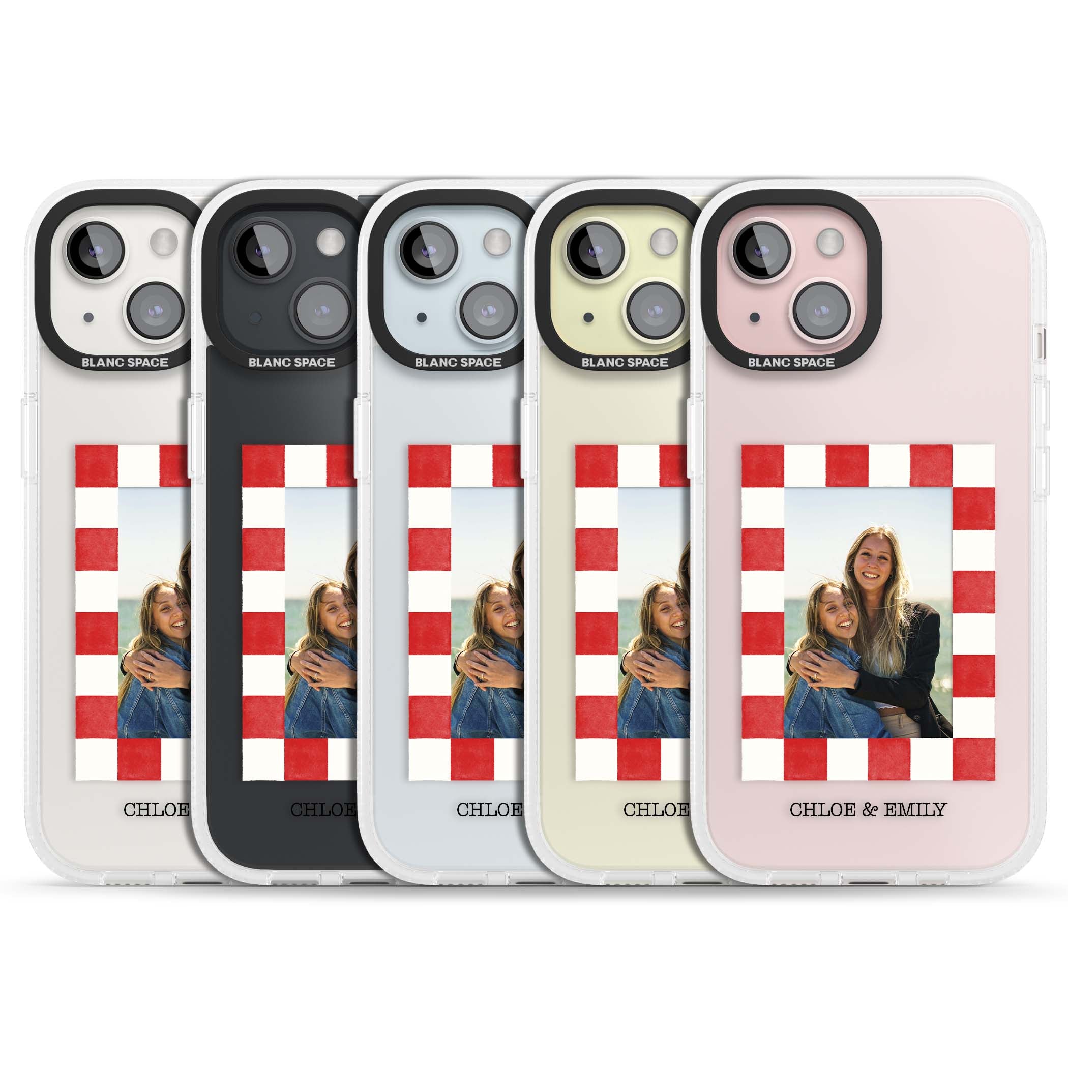 Red Check Photo personalised photo iPhone case with red and white checkered polaroid frame and custom couple name | Clear Case Impact Air case for iPhone 15, iPhone 15 Plus
