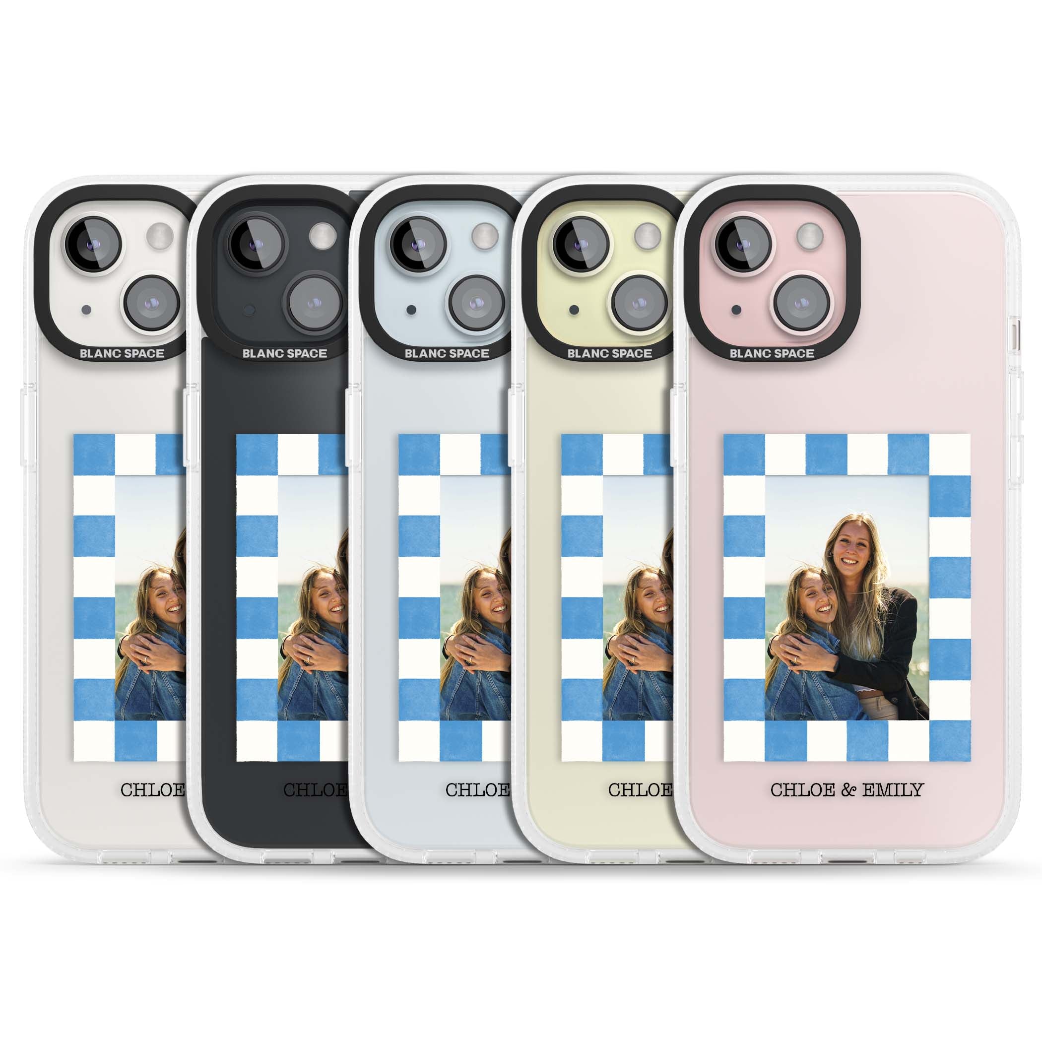 Blue Check Photo personalised photo iPhone case with blue checkered frame and custom couple names | Clear Case Impact Air case for iPhone 15, iPhone 15 Plus