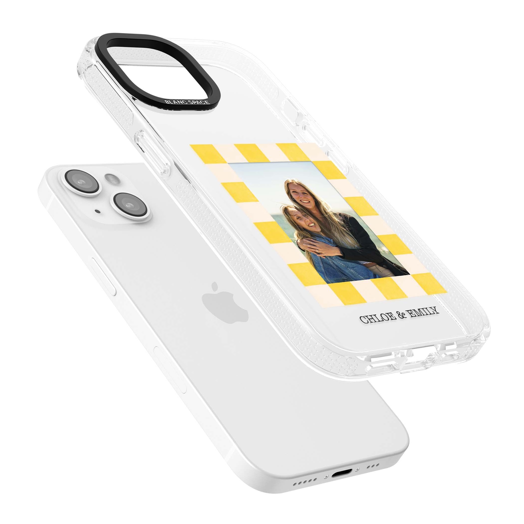 Yellow Check Photo personalised iPhone case with yellow checkered Polaroid frame and custom names beneath | Clear Case Impact Air case for iPhone 15, iPhone 15 Plus