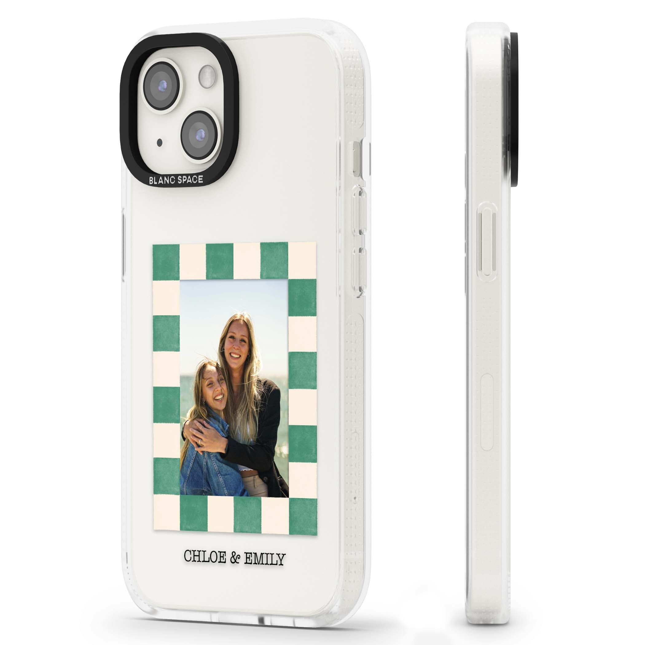 Seafoam Check Photo personalised iPhone case featuring a custom polaroid photo, green and cream checkered frame, and custom n | Clear Case Impact Air case for iPhone 15, iPhone 15 Plus