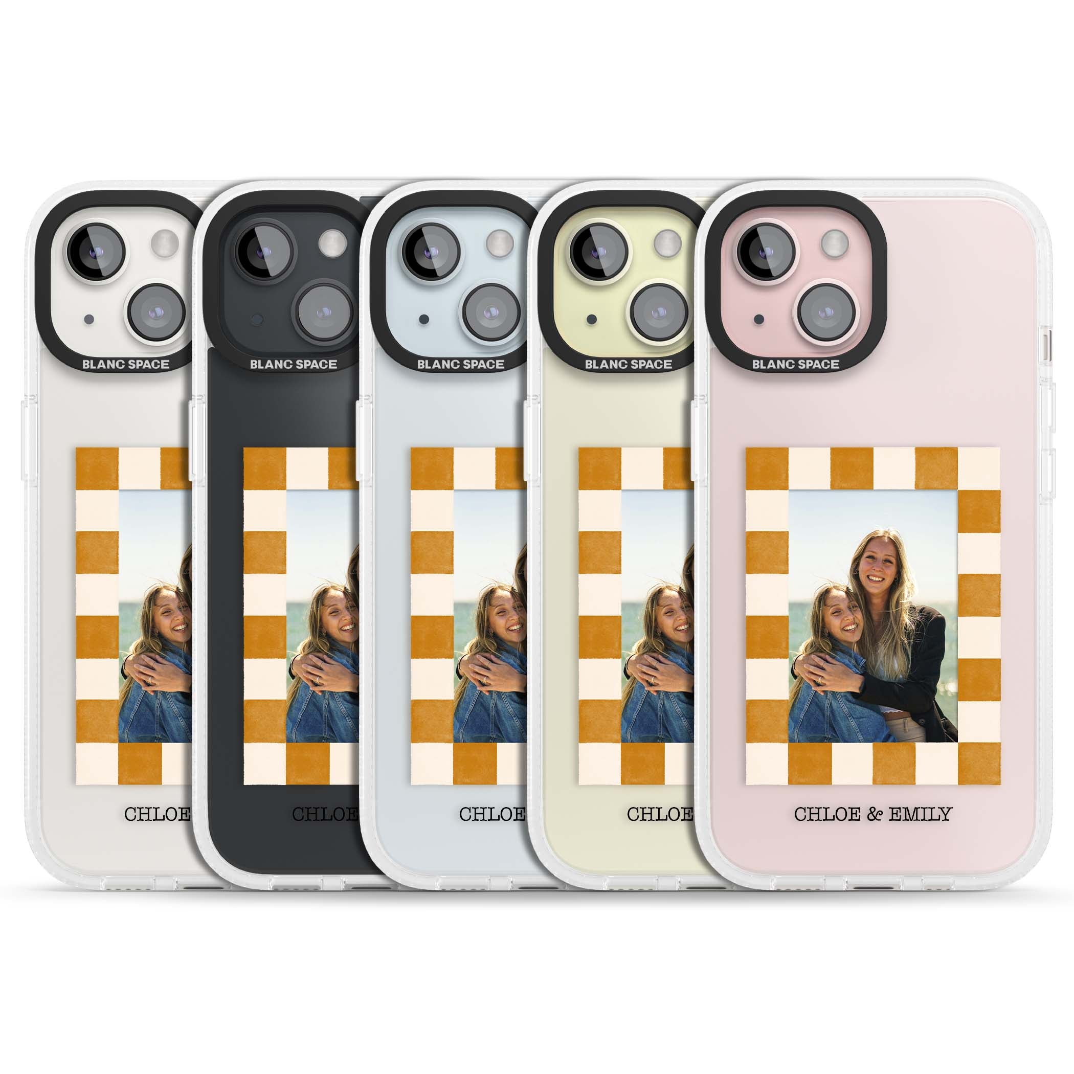 Citrus Check Photo personalised iPhone case with custom photo, orange checkered frame and names underneath | Clear Case Impact Air case for iPhone 15, iPhone 15 Plus