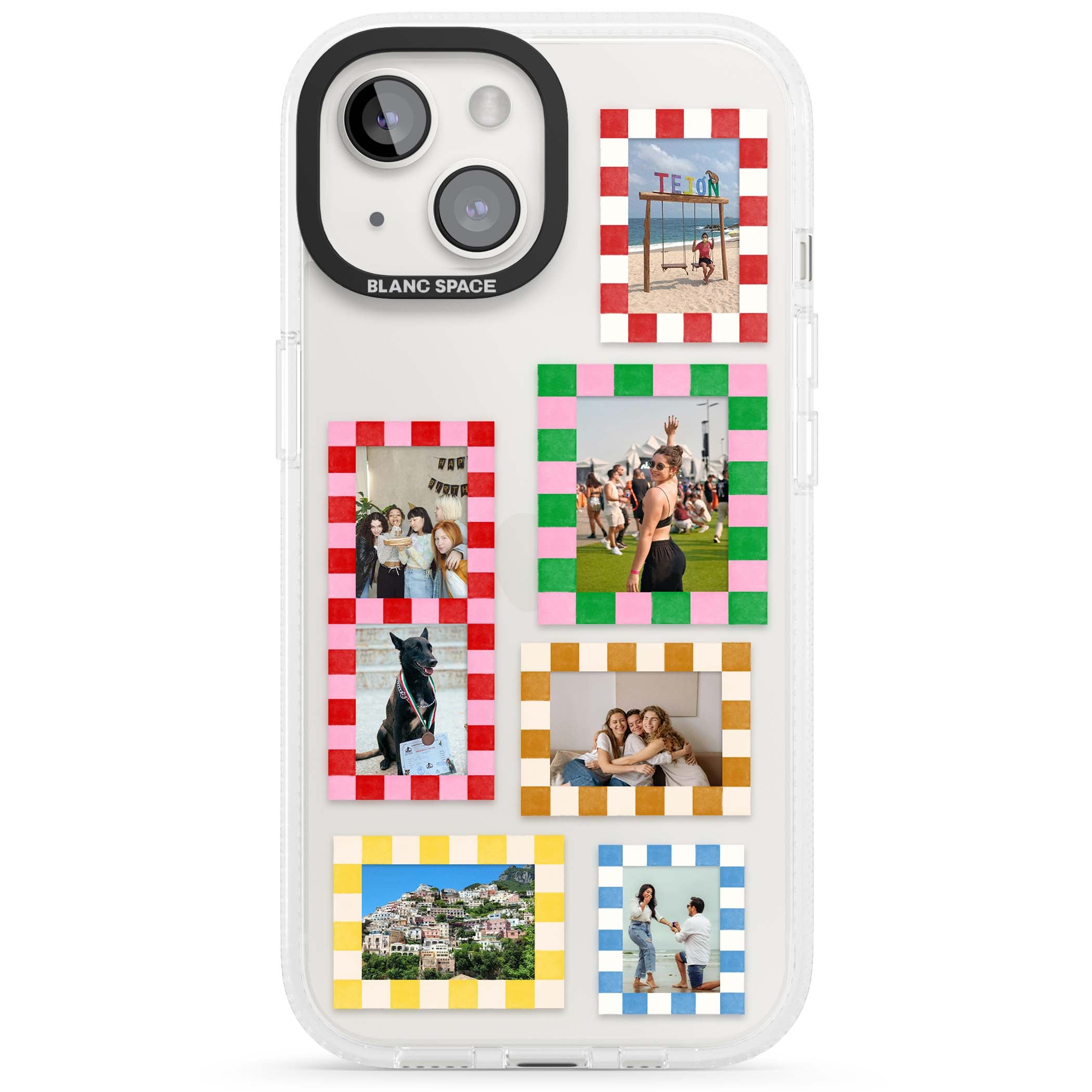 Italian Check Frames custom photo collage iPhone case featuring six checkered photo frames in red, green, pink and  | Clear Case Impact Air case for iPhone 15, iPhone 15 Plus