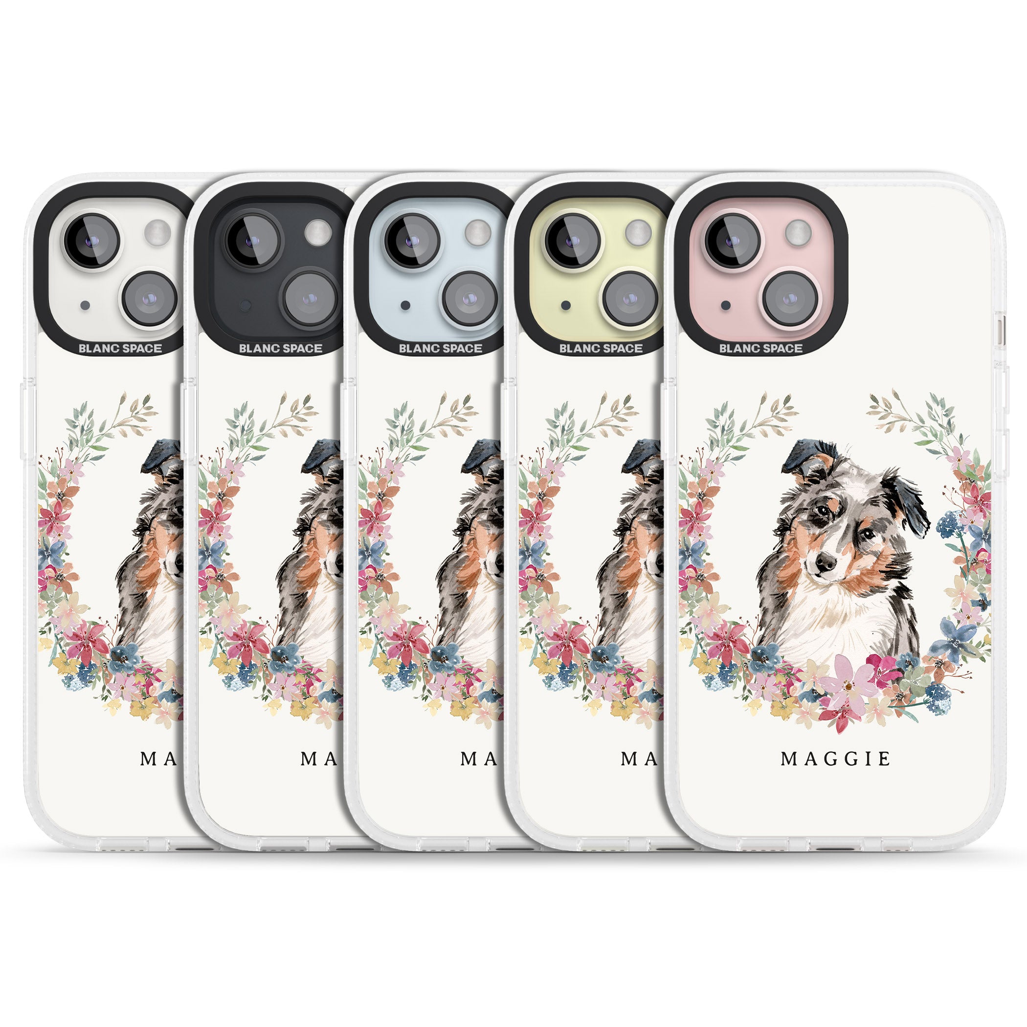 Personalised Australian Shepherd Watercolour Dog Portrait iPhone 15 / 14 / 13 Clear Case Impact Air - Blanc Space
